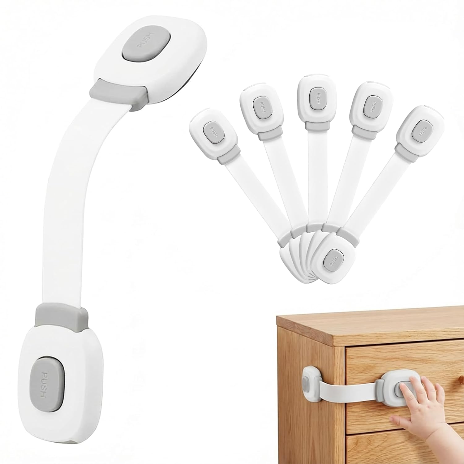 BillyBath Premium Baby Schranksicherung Kindersicherung für Schubladen Kühlschrank Toilettensitz mit Starker Kleber ohne Bohren Schrankschloss, grau, 6 Stück