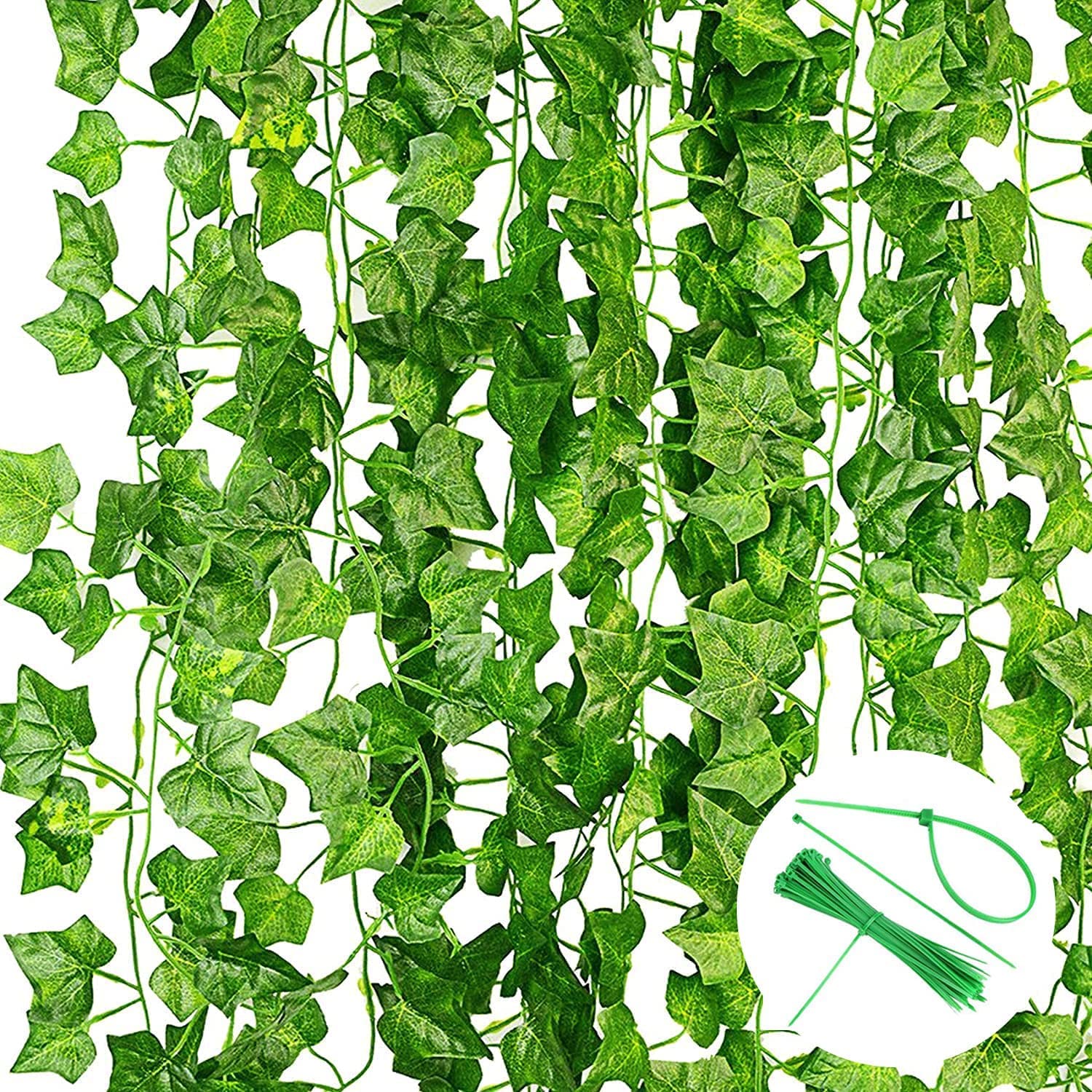 Noa Home Deco Ivy Artificial Garland, 12 Pack Fake Decorations, Green with Nylon Cable Ties, Plants Vine for Garden, Wedding, Party, Wall 86.61inch (NHD13)