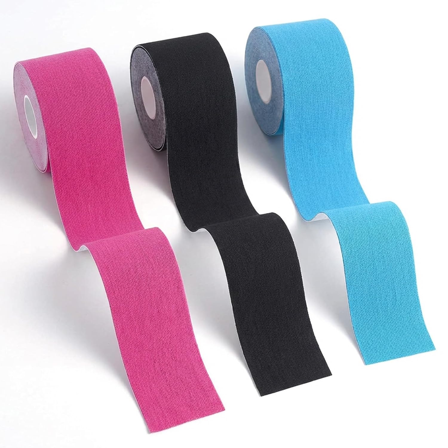 Carehabi Lot de 3 rouleaux de bande de kinésiologie pour les muscles - 5 m x 5 cm - 1 bleu, 1 rose et 1 noir - Bande de kinésiologie imperméable et élastique pour le sport