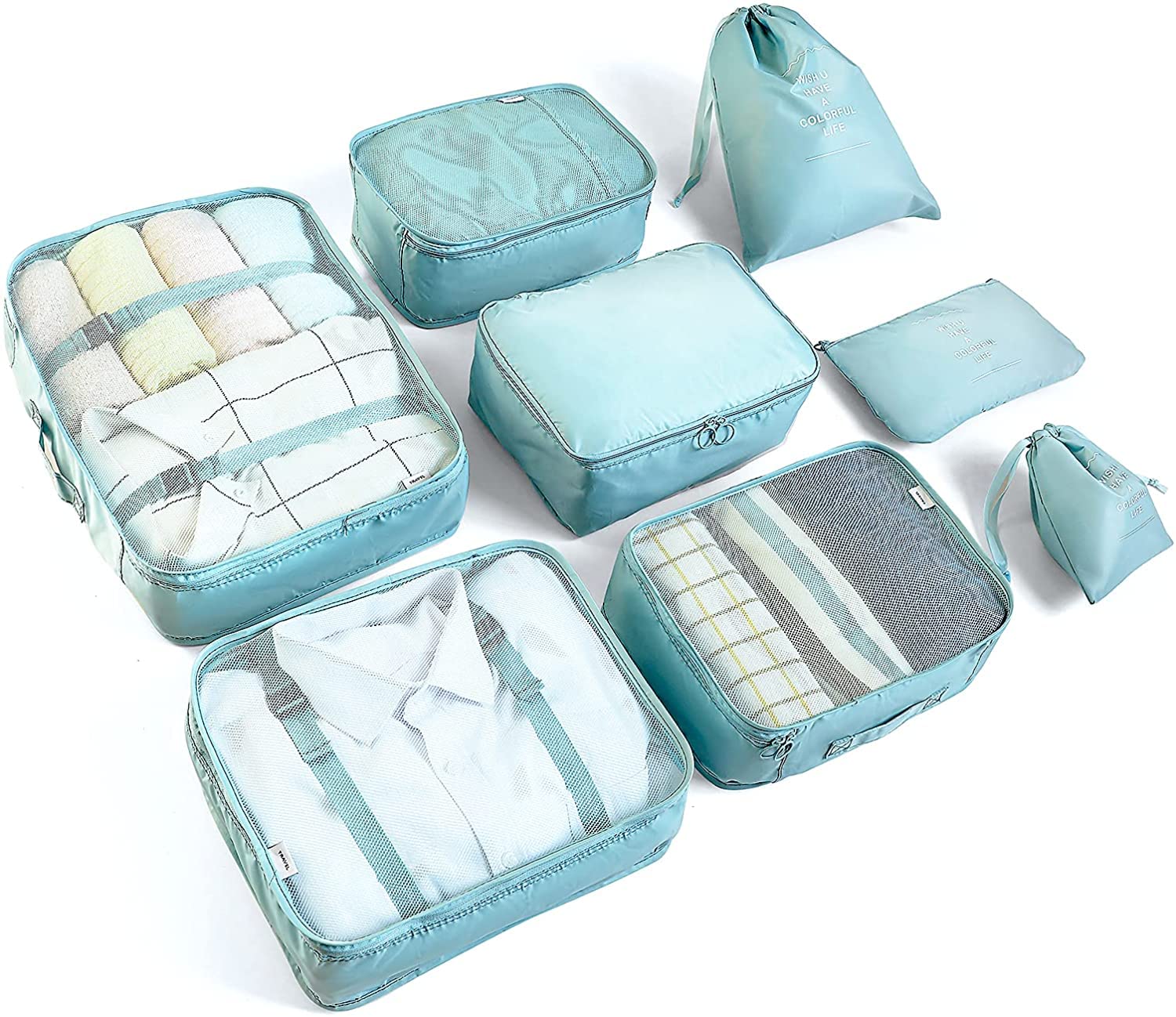 BillyBath 8-en-1 Set de Organiseurs de Bagage pour Voyage, sacs à vêtements, sacs à chaussures, organiseur de voyage, sacs de rangement pour cosmétiques (Vert)