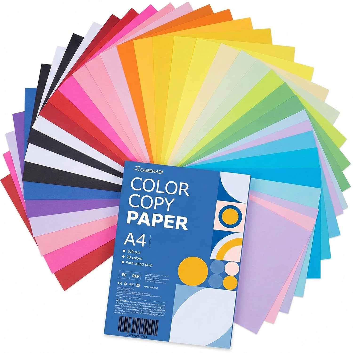 Carehabi - A4 80 g/m² 20 Couleurs, 100 Feuilles de Papier Coloré pour Photocopieur, Papier Coloré pour Bricolage