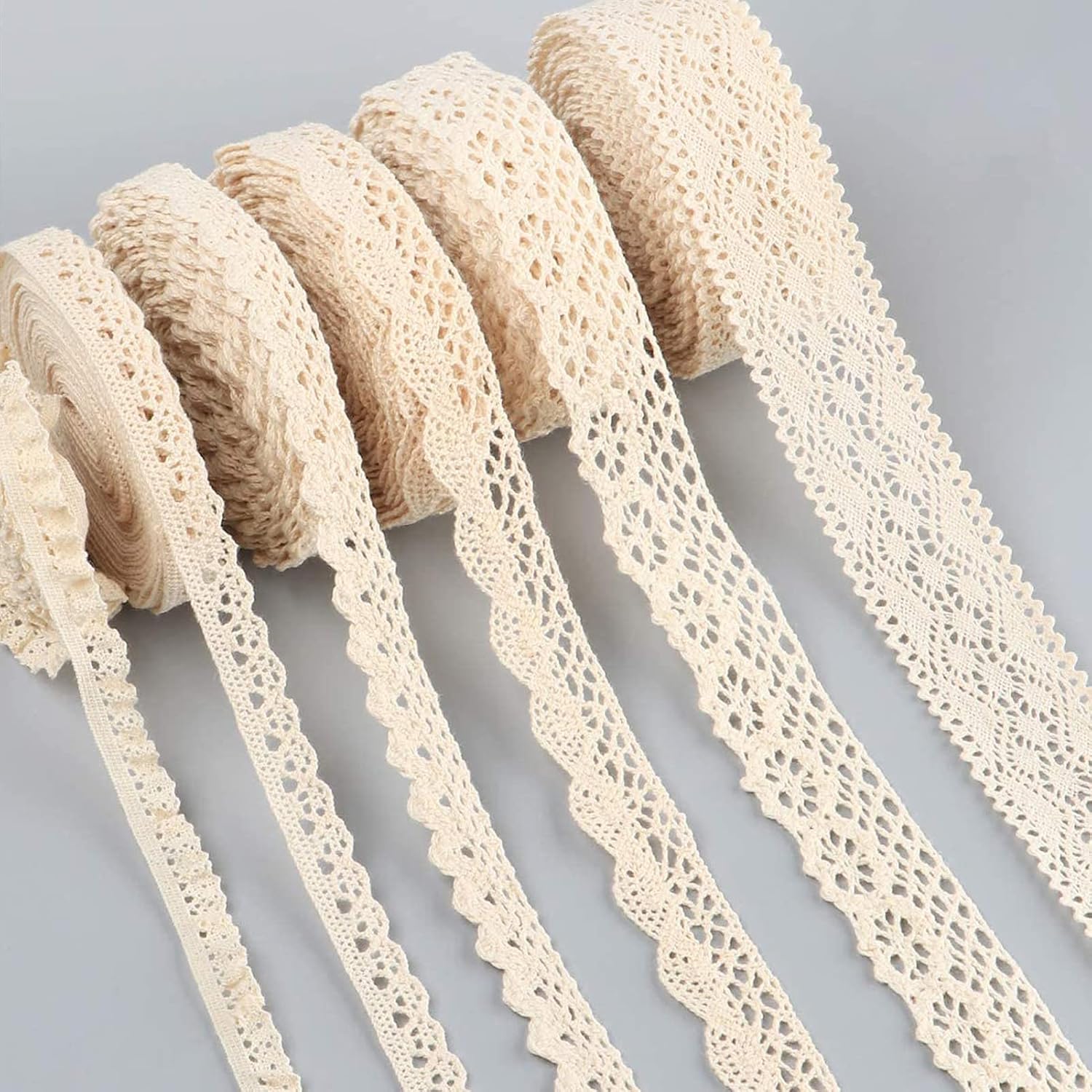 Carehabi - Kantlint, vintage kanten randen, 30 M katoenen decoratief lint, kant, decoratief lint, kanten rand, geschenklint voor huwelijksdecoratie, doe-het-zelf handwerk, kantlint, 6 rollen, beige
