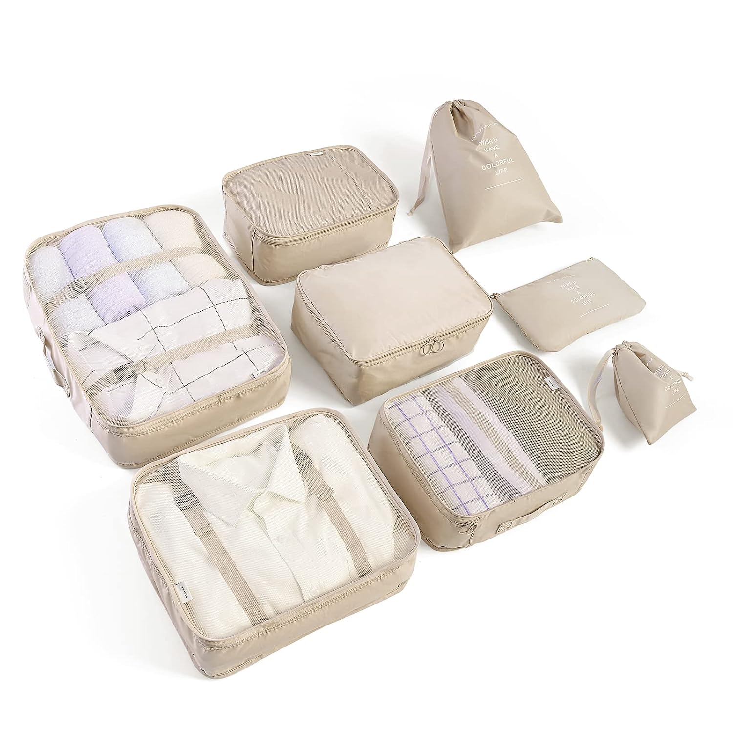 BillyBath 8-en-1 Set de Organiseurs de Bagage pour Voyage, sacs à vêtements, chaussures, sacs de rangement pour cosmétiques (Beige)