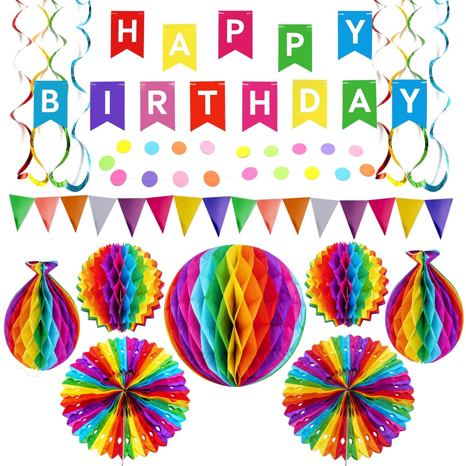 Födelsedagsdekorationsset med Happy Birthday-girlang, färgglad vimpelgrilang, bikakebollar, solfjädrar i papper och pompomsdekoration, dekoration för barnkalas, återanvändbara festtillbehör