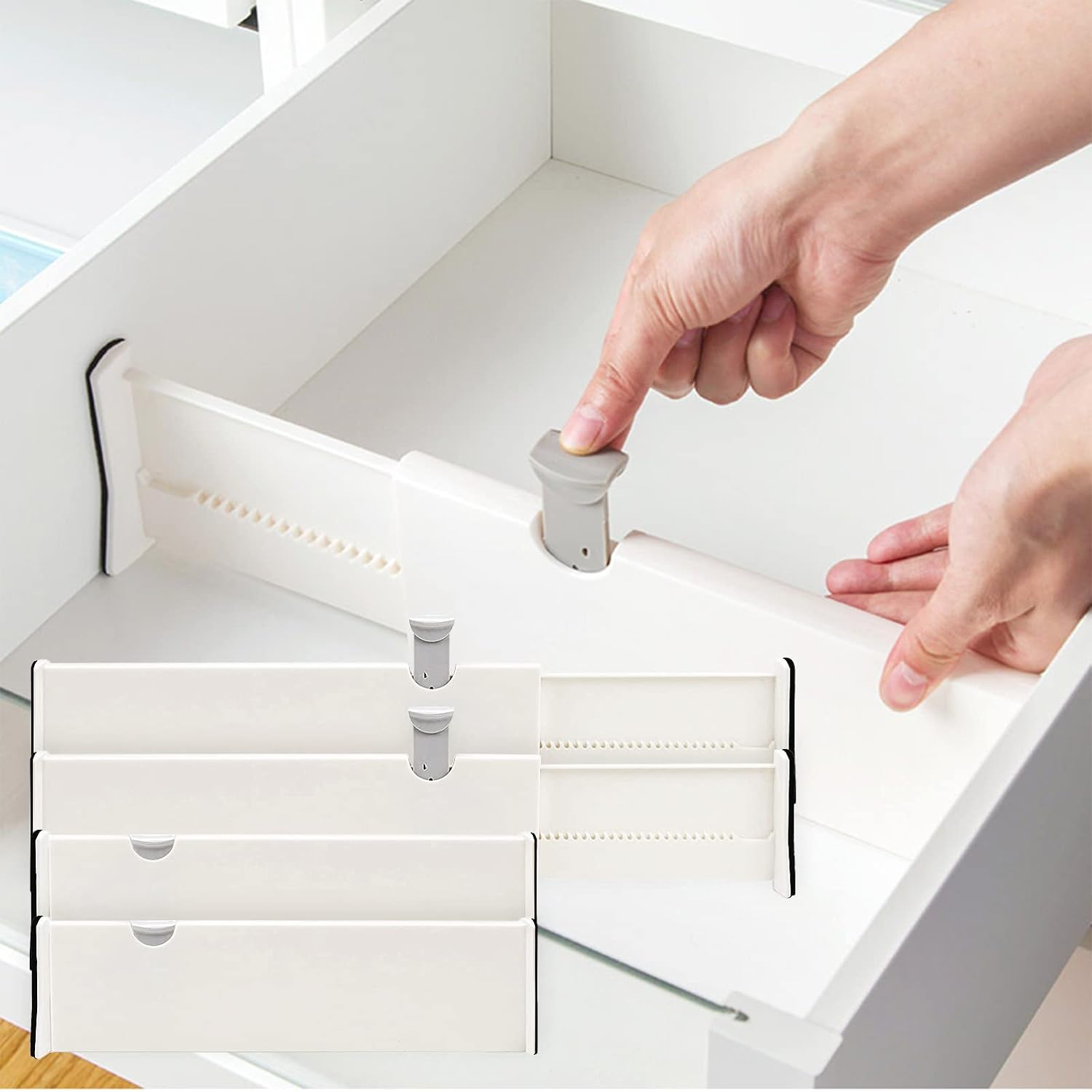 Drawer Divider Organisers, Adjustable Drawer Dividers, Set of 4 Separators for Clothes Storage, Made of Mesh, Chest of Drawers, Bathroom, Kitchen Storage, Cabinet, Office, White, 28.1-44.4 cm