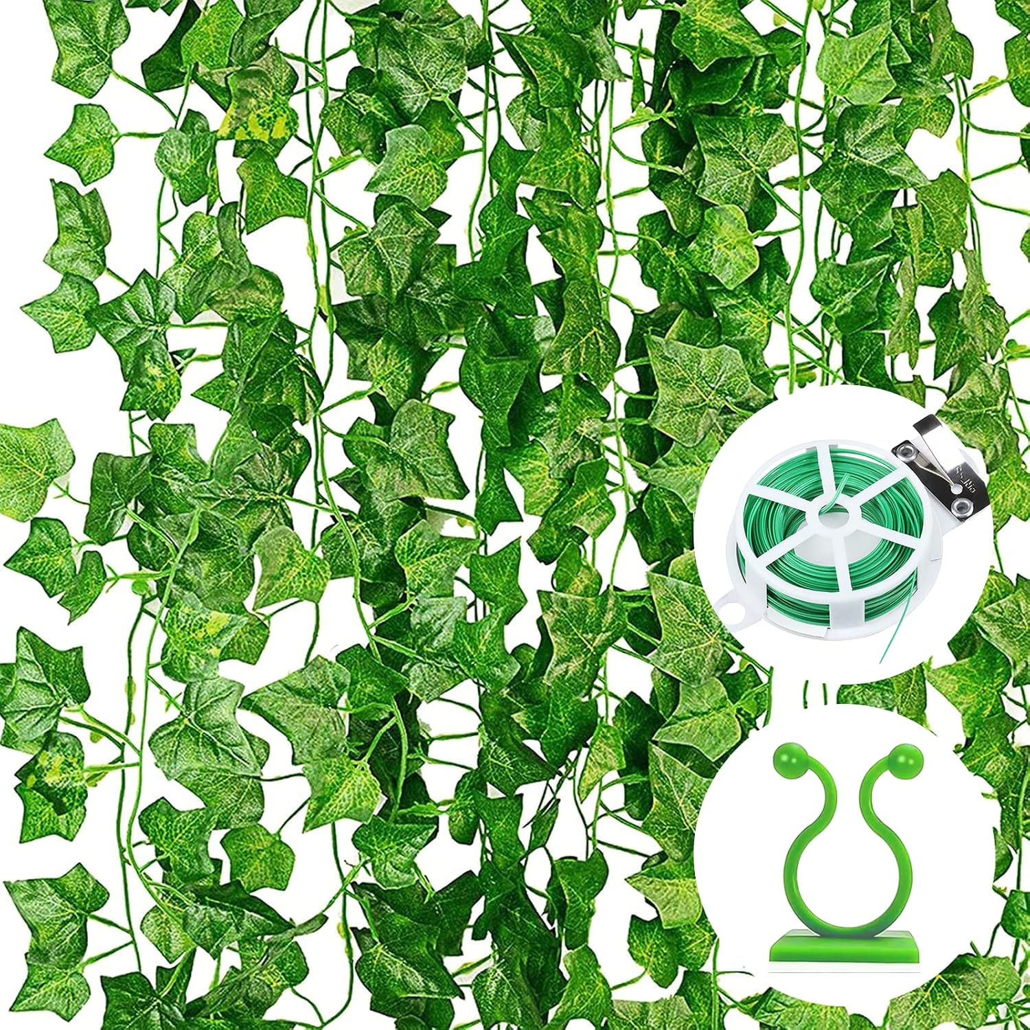 Decko Ivy Artificial Garland Pack of 12 Green Fake Plants Vine for Garden Wedding Party Wall Decoration (2.2 M, with 12 Pieces Clips, 30 M Cable Ties with Cutter)
