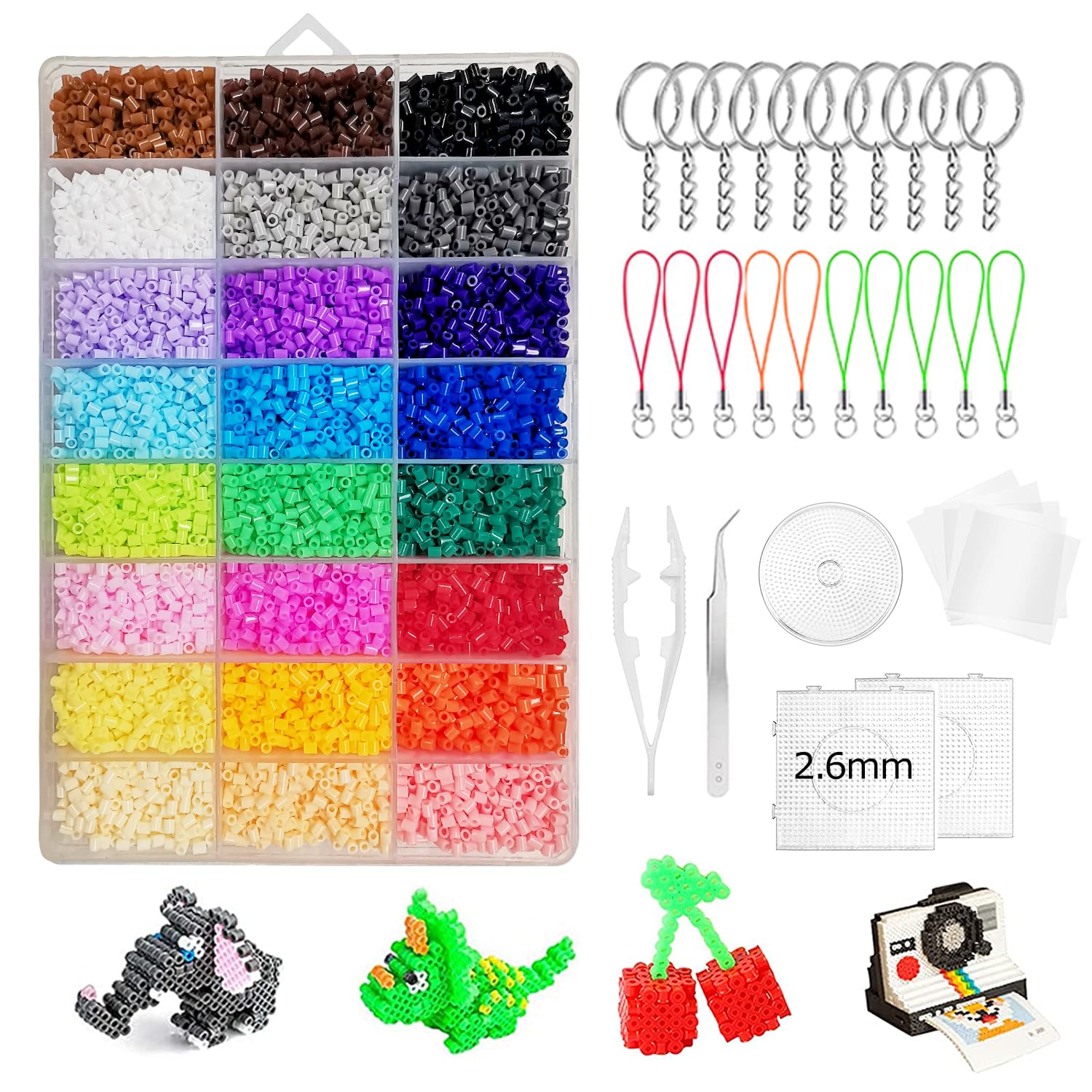 Bügelperlen Set 24000 Bastelperlen in Organizerbox,mit Platte Zubehör Muster, Steckperlen zum Basteln mit Kindern, DIY Gestalten Verzierungen und weiteren Bastelideen(2,6 mm, 24 Farben)