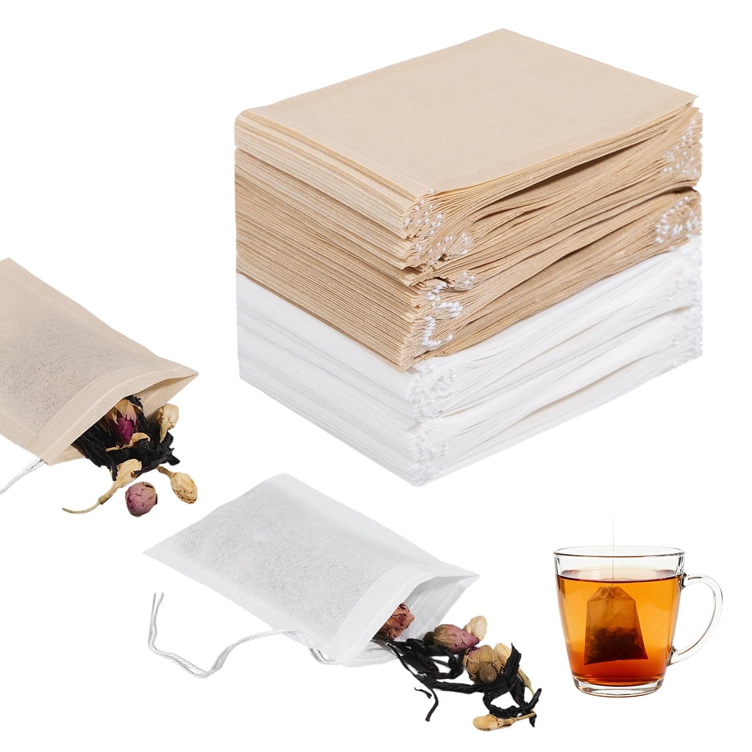Carehabi Lot de 200 sachets à thé jetables avec cordon de serrage, sachets de thé pour thé en vrac (6 x 8 cm)