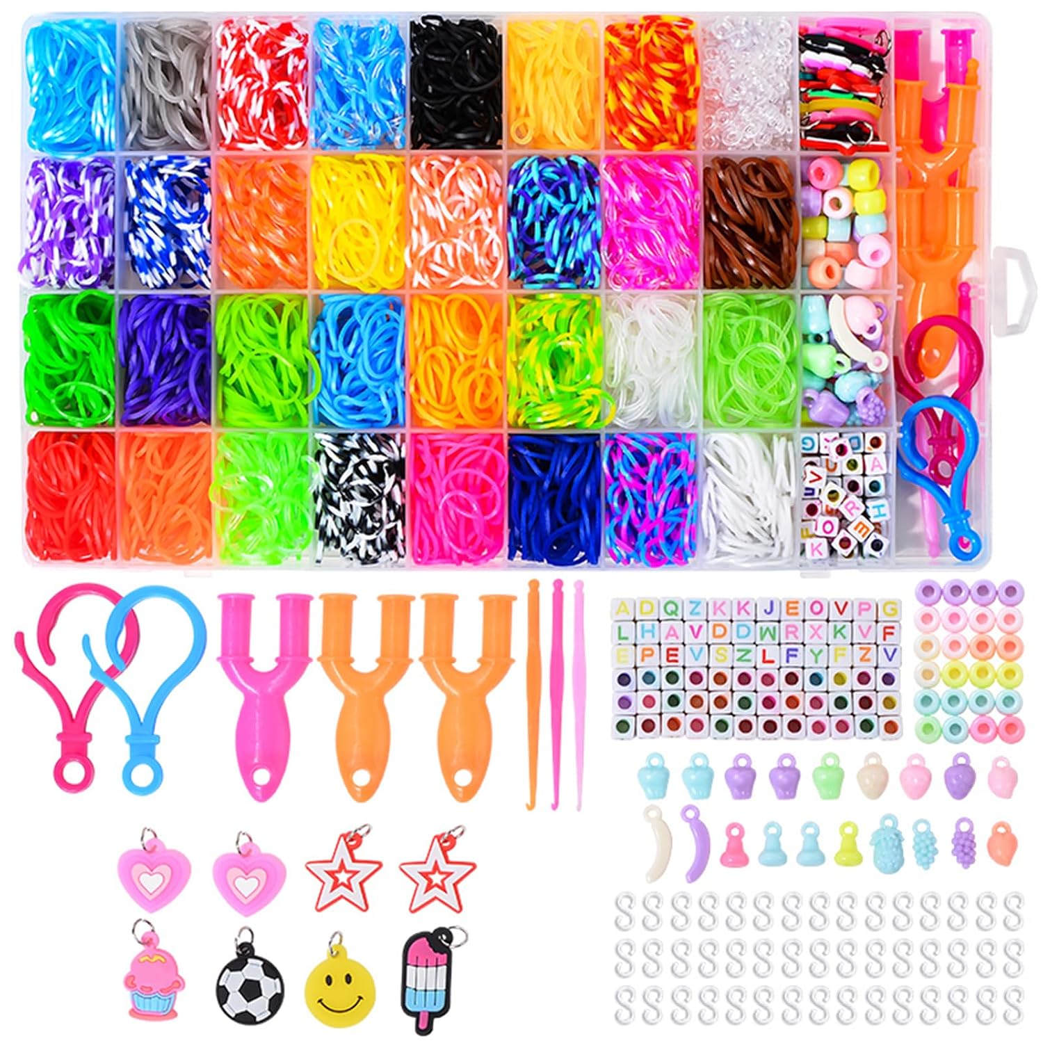 Elastique Bracelet Kit, 2500pcs Enfant Bracelets Élastique Caoutchouc Coloré pour Loom Bands avec Pendentifs,Clips,Perles,Boîte de Rangement,Cadeau de Noël Anniversaire pour Fille Garçon Enfants