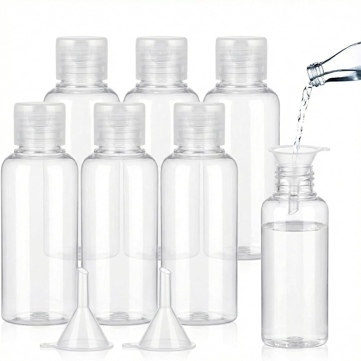 BillyBath Travel Bottles for Filling 100 ml, Pack of 6 Liquid Bottles for Filling with 2 Small Funnels, Transparent Plastic Bottles Cosmetic Bottle Shower Gel Container Bottle Set for Shampoo Lotion