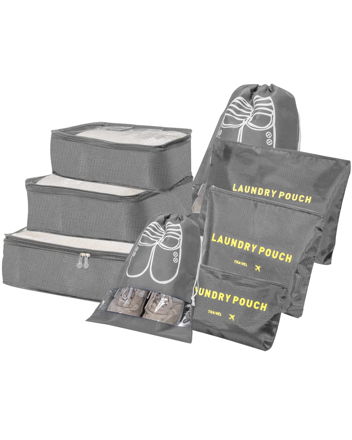 BillyBath Suitcase Organiser Travel Garment Bags, 8-in-1 Case Organiser Set, Packing Cubes, Packing Bags, Travel Luggage, For Clothes, Shoes, Underwear, Cosmetics (Grey)