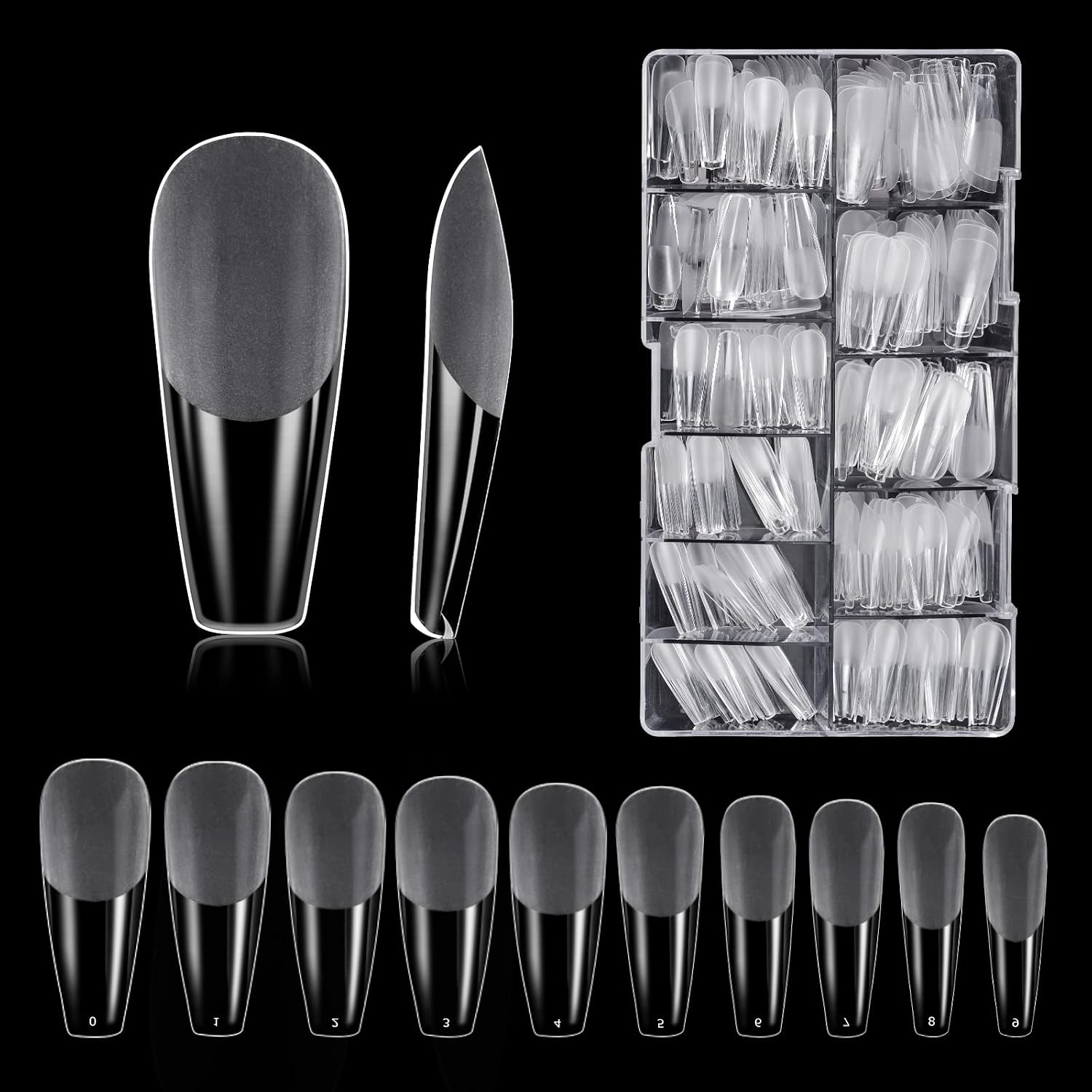 Faux Ongles, Carehabi 500pcs Acrylique Capsules Ongles Transparent Pose Americaine Ongle Avec Valise De Rangement Pour Les Studios De Manucure Et Diy Nail Art à La Maison 10 Tailles(Semi givré)