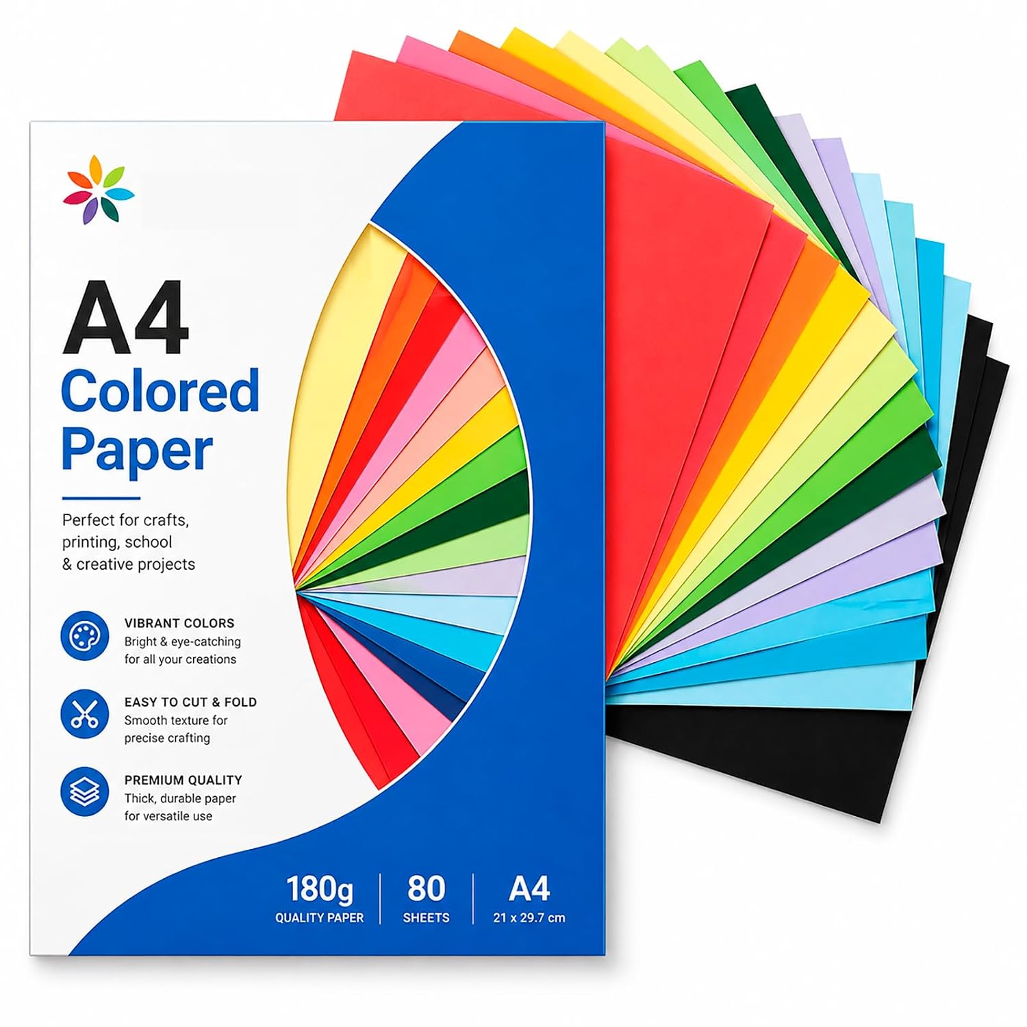 Carehabi Papier Couleur A4, 20 Couleurs Papier Cartonné 180 g/m², 80 Feuilles de Papier Coloré pour Imprimante, Faire des Bricolages, Cartes, Fleurs, Peindre