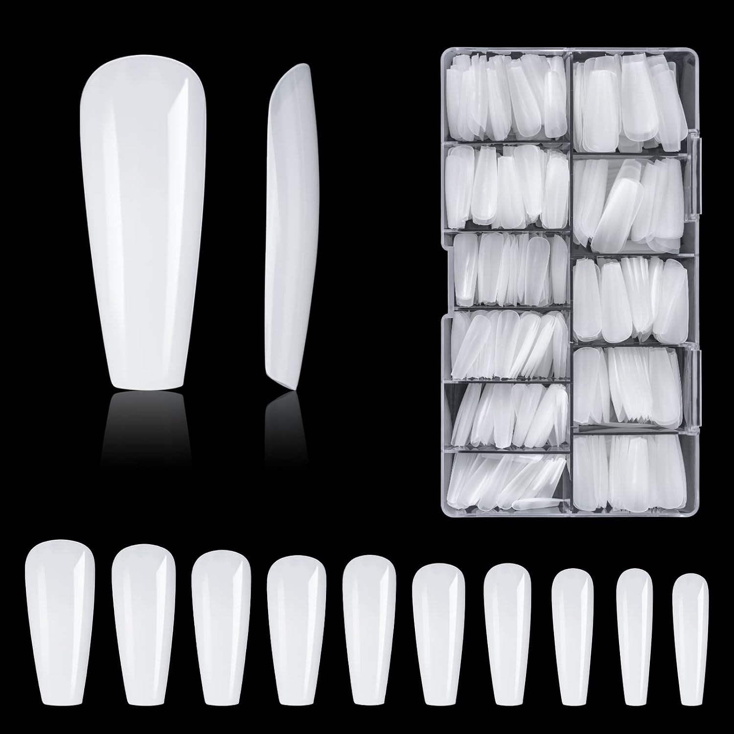 Carehabi Nail Tips, Pack of 500 False Nail Acrylic Artificial Nail Tips with Storage Case for Nail Salons and DIY Nail Art at Home, 10 Sizes (White)