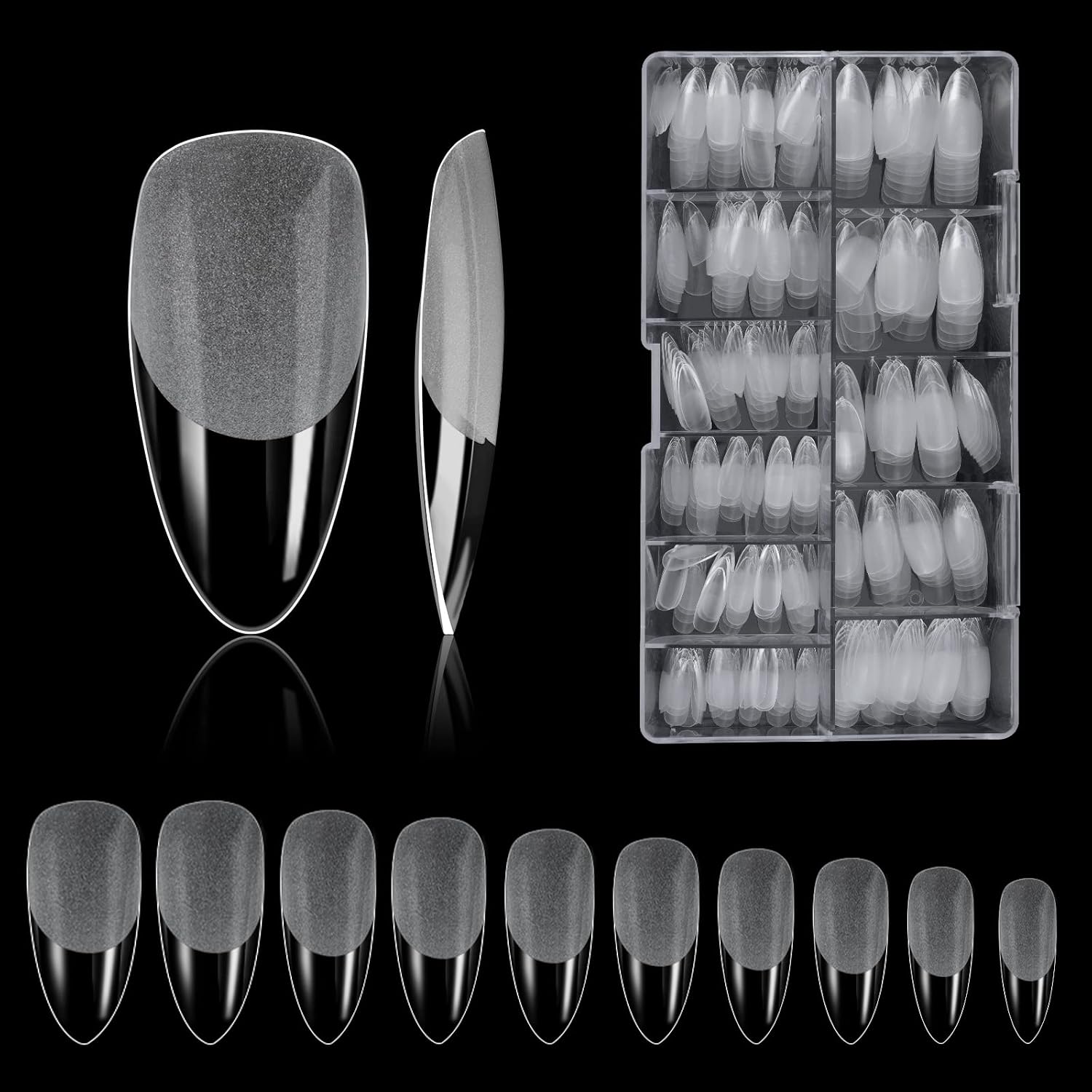 Carehabi Faux Ongles, Carehabi 500pcs Acrylique Capsules Transparent Pose Americaine Avec Valise De Rangement Pour Les Studios De Manucure Et Diy Nail Art à La Maison 10 Tailles (Short Amande)