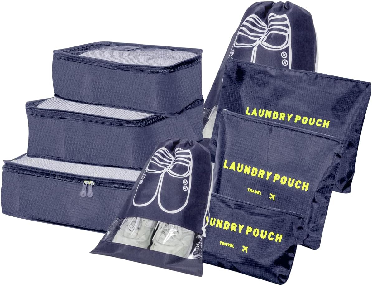 BillyBath 8-en-1 Set de Organiseurs de Bagage pour Voyage,Cubes Étanche Sacoches,Pour Vêtements Chaussures Sous-vêtements Cosmétiques (Bleu foncé)