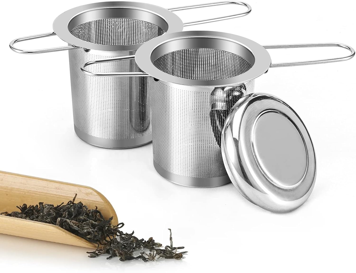 2PCS Filtre à Thé, 304 Filtre The En Acier Inoxydable Infuseur à Thé Avec Poignée Pliable Et Couvercle Pour Tasses Et Théières De Différentes Tailles