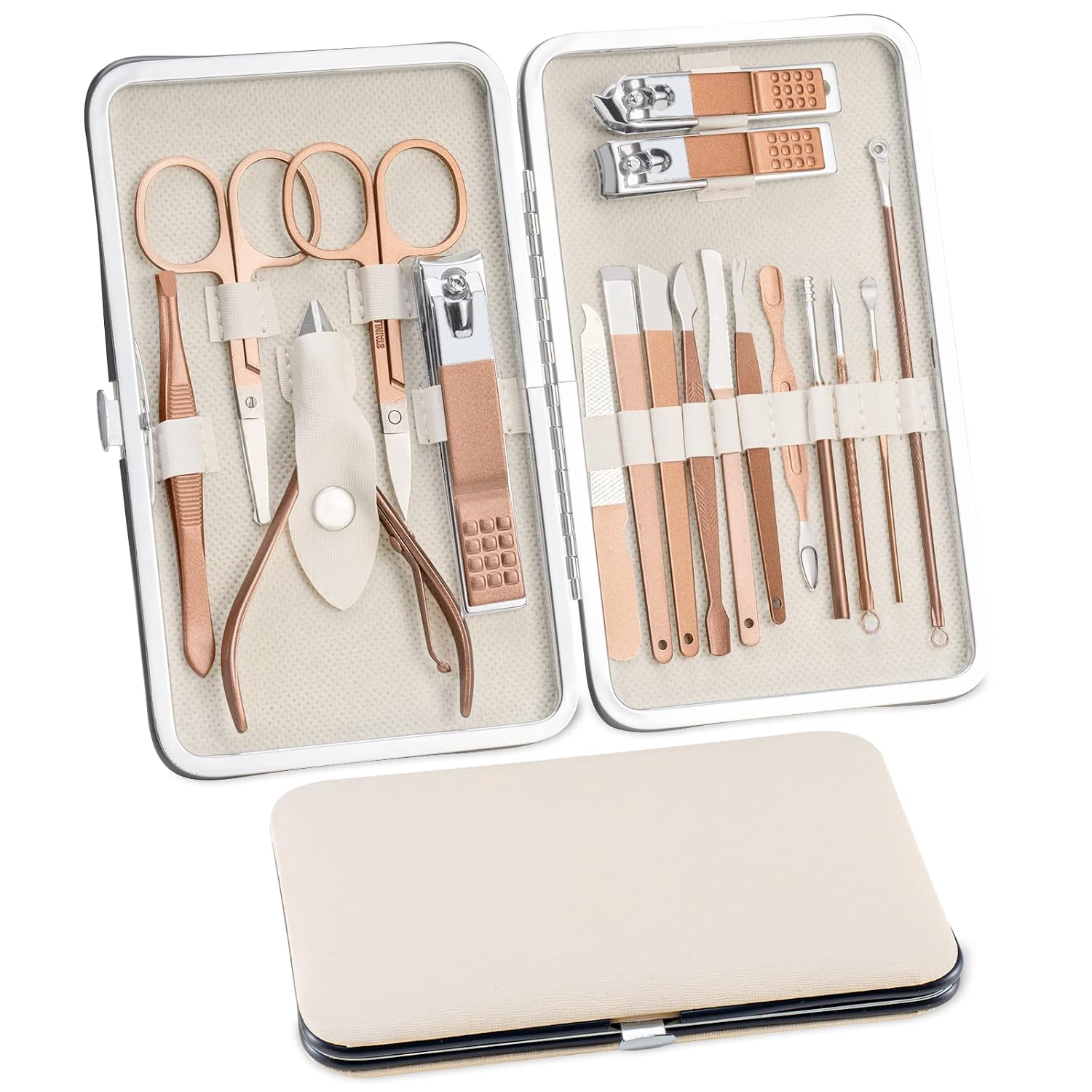 Set Manicura Pedicura 18 piezas, Cuidado de Uñas Mujer Hombre, kit de Cortaúñas Profesional de Acero Inoxidable, Estuche de uñas (oro rosa)
