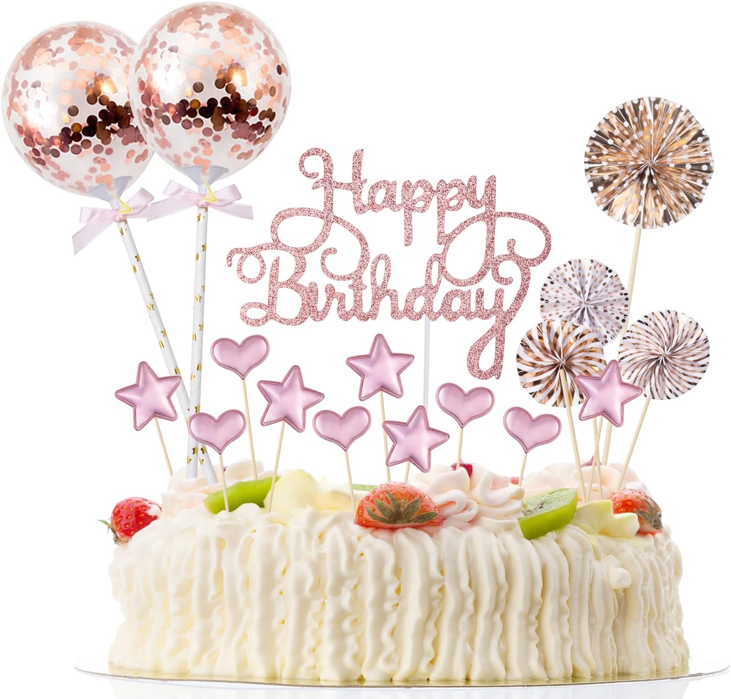 BillyBath 17 PCS Happy Birthday Decoration Gateau Or Rose Gold,Decoration Cake Topper Ballon Étoiles Topper avec Boule de Décoration pour Fête de D'anniversaire Fille