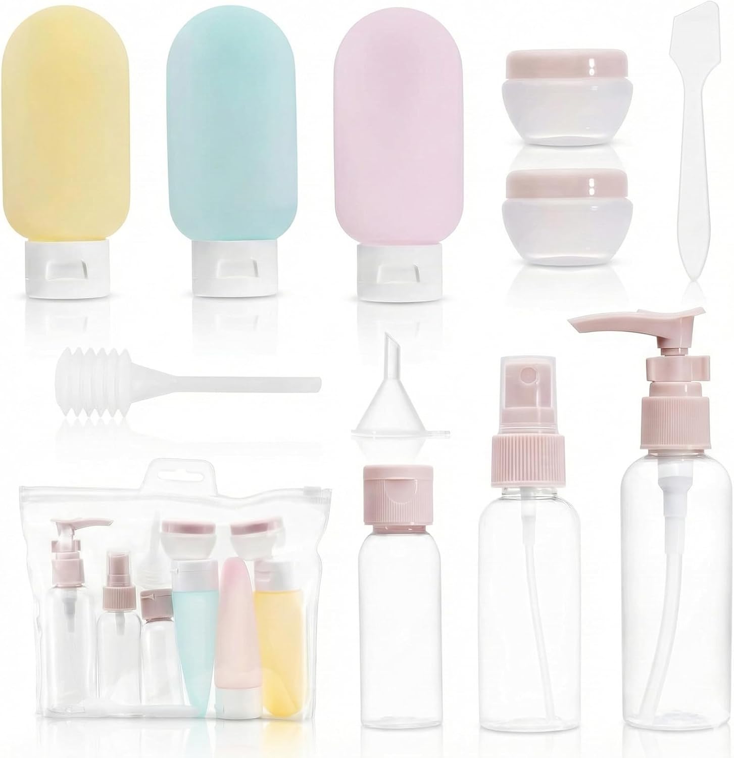 Carehabi Lot de 11 flacons de voyage à remplir - 30/50/60/80 ml - Petites boîtes de crème - Vaporisateur transparent - Distributeur de shampoing - Accessoires de voyage pour cosmétiques