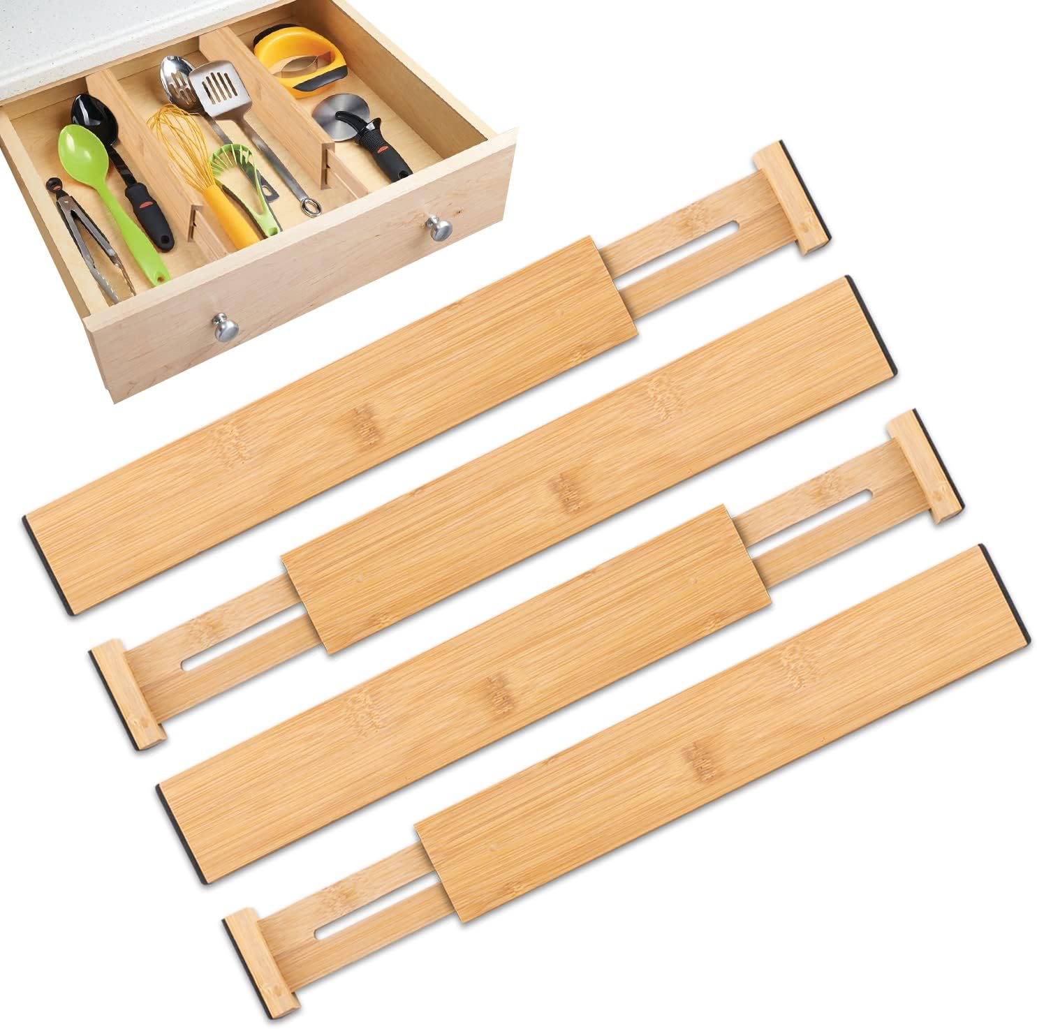 BillyBath Drawer divider adjustable drawer divider divider bamboo drawer organizer kitchen drawer divider spring-loaded for kitchen bathroom bedroom dresser set of 4 33.8-43.3cm