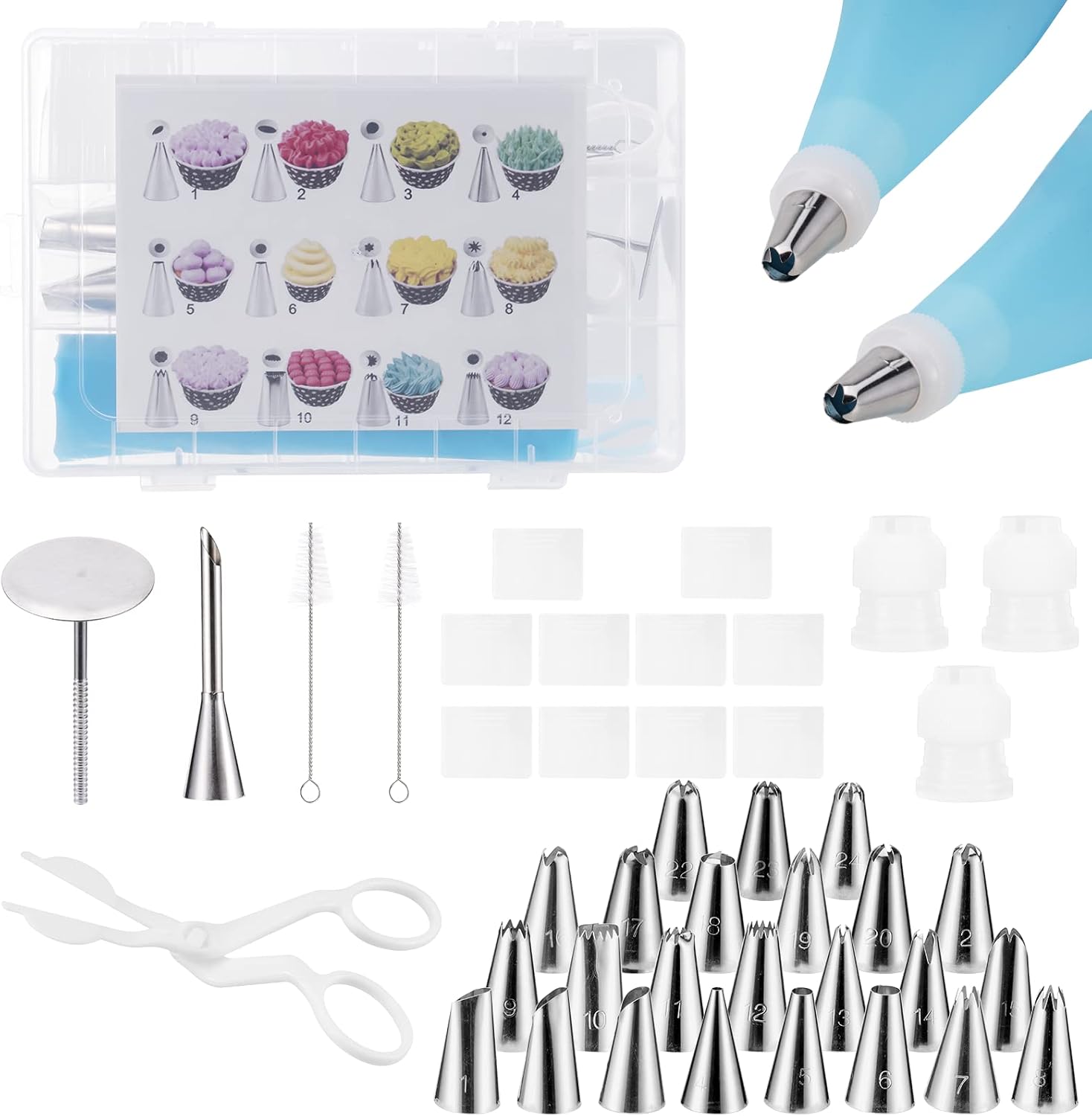 Carehabi Lot de 34 douilles à douille en acier inoxydable et 2 poches à douille réutilisables en silicone pour gâteaux, cupcakes, cookies, pâtisseries