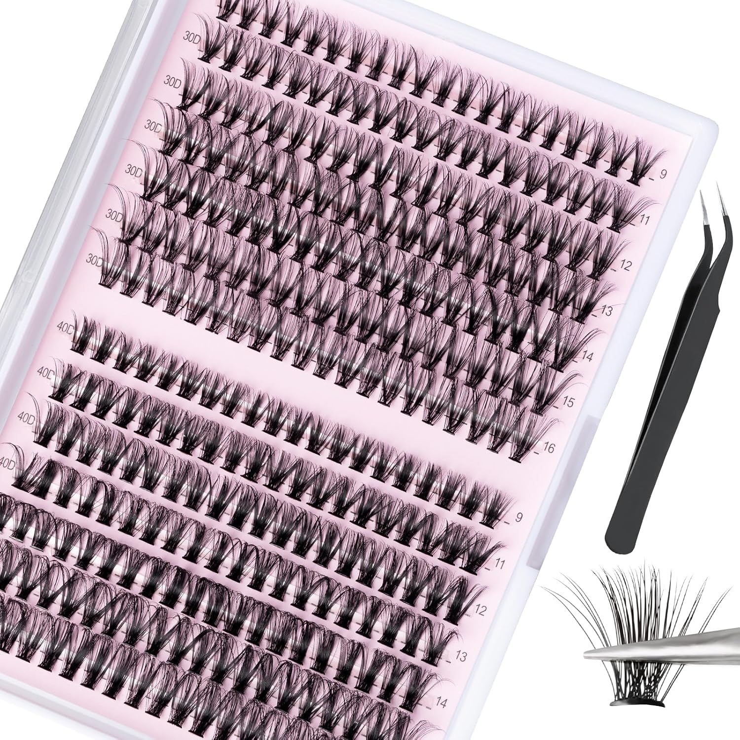 BillyBath Lot de 280 cils individuels en forme de D Curl, 9, 11, 12, 13, 14, 15, 16 mm, lot de cils autocollants avec pince à épiler, pour le maquillage, les extensions de cils