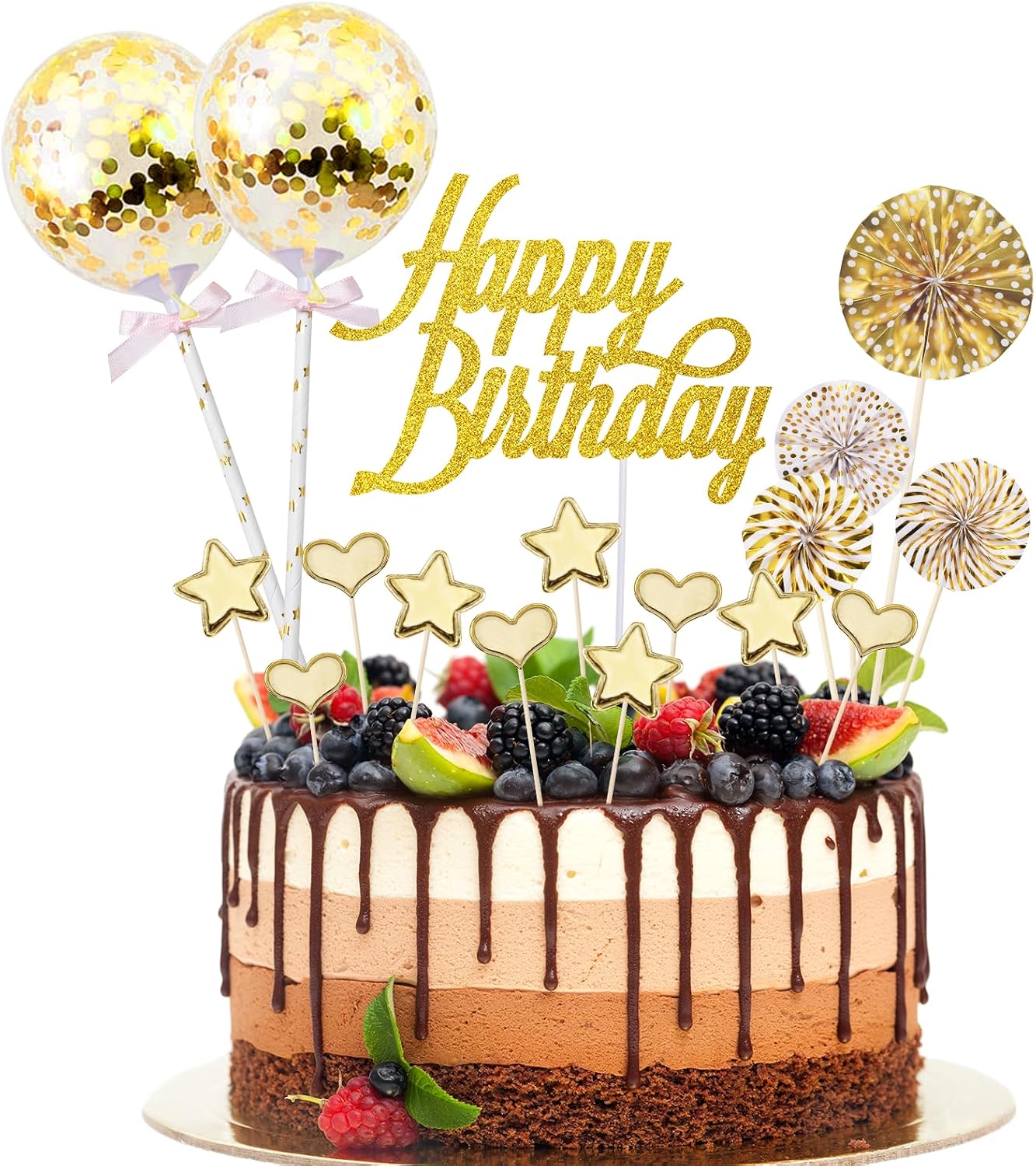 BillyBath Pack of 17 Cake Decorations, Birthday Cake, Happy Birthday Cake Decoration, Gold Glitter Cake Topper, Happy Birthday, Cupcake Topper with Stars, Love Confetti Balloons and Paper Fans