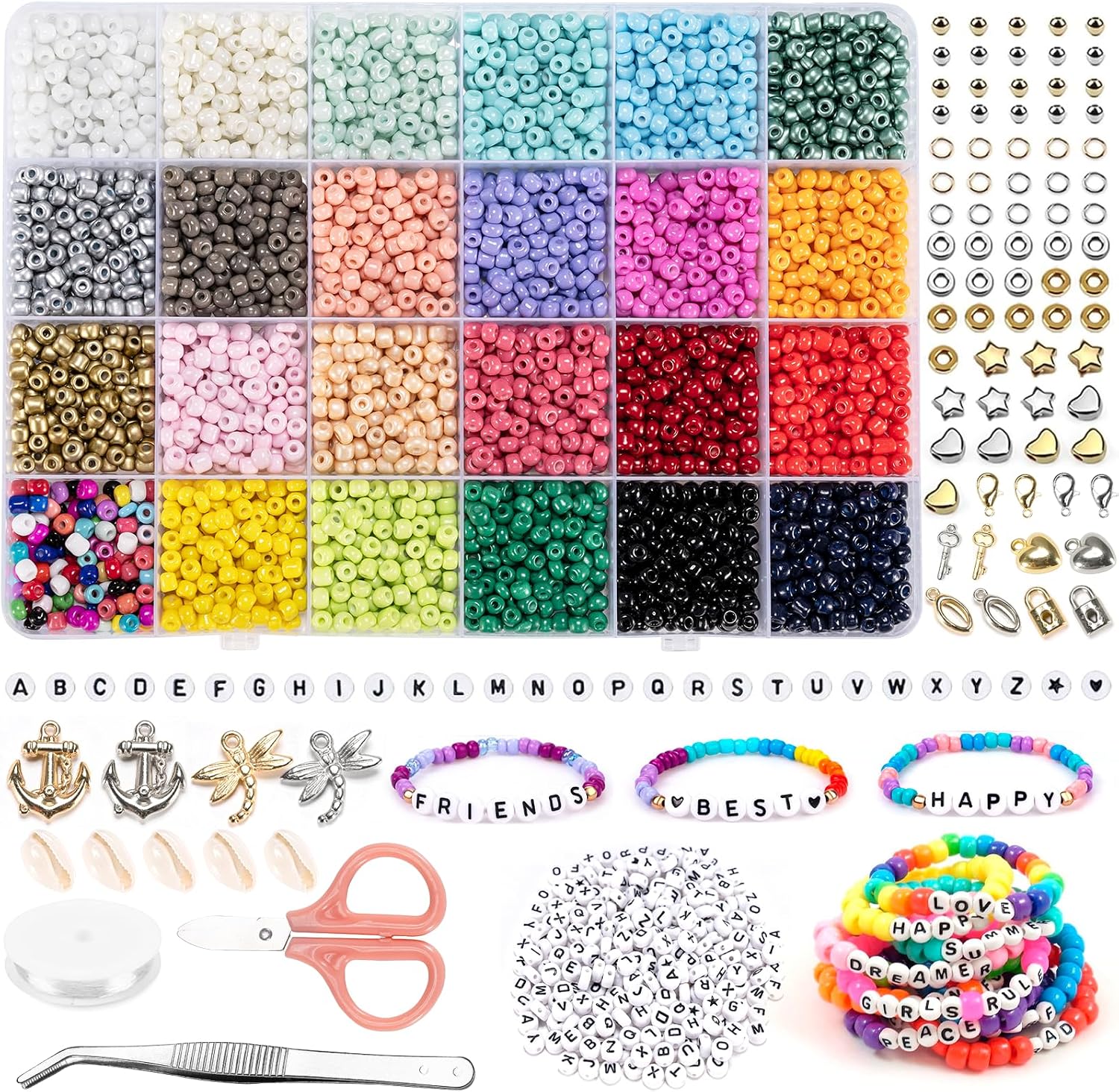 Noa Home Deco Lot de 4000 perles colorées de 4 mm, 300 perles avec lettres, verre élastiques, bijoux, Noël, enfants, anniversaires, fêtes