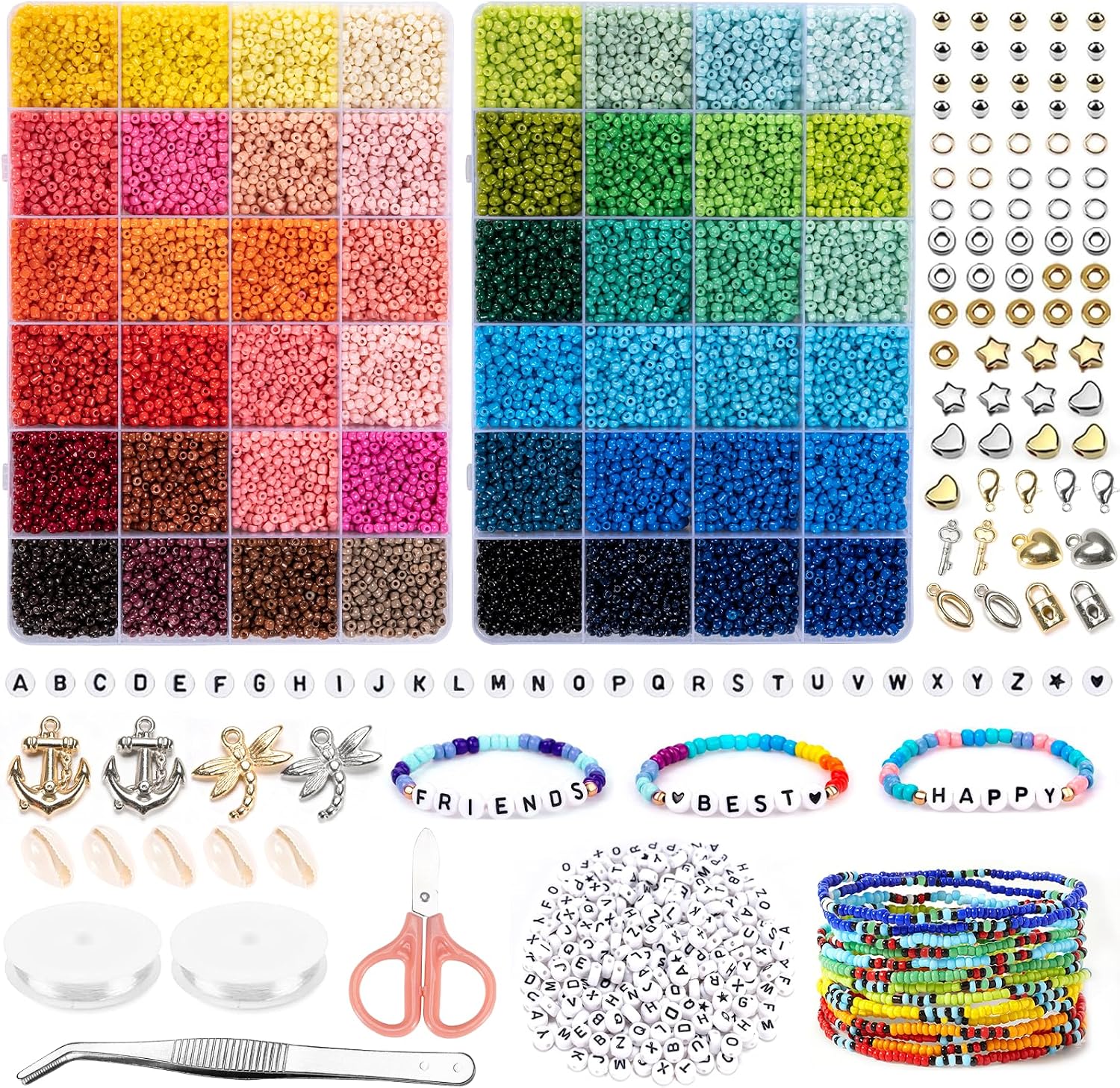 Lot de 16 000 perles colorées de 3 mm avec lettres de l'alphabet - Perles en verre avec cordons élastiques - Pour bracelets, bijoux, Noël, enfants, anniversaires, fêtes