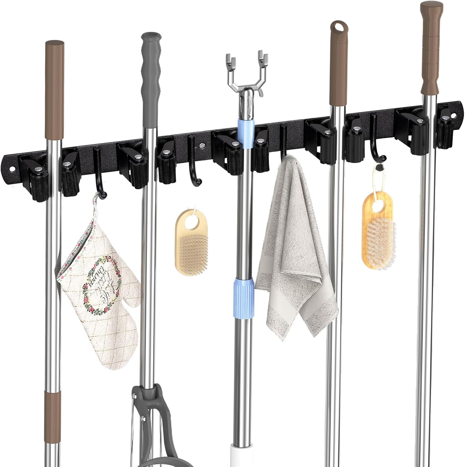 Carehabi Lot de 5 porte-balais avec 4 crochets - Support mural pour balai - Sans perçage ni perçage - Porte-outils autocollant pour garage, jardin, salle de bain, cuisine