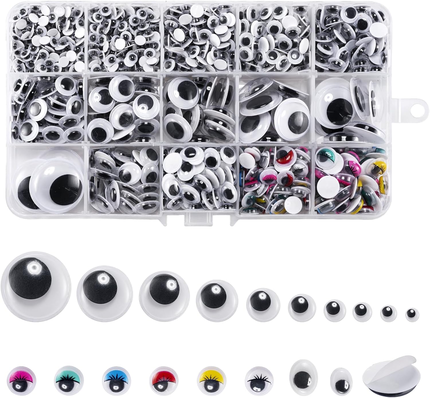 Zelfklevende wiebelogen, 1200 stuks, wiggle ogen, kunststof pop ogen, zelfklevend, voor Kerstmis en doe-het-zelf scrapbooking, handwerk, speelgoedaccessoires (verschillende maten)