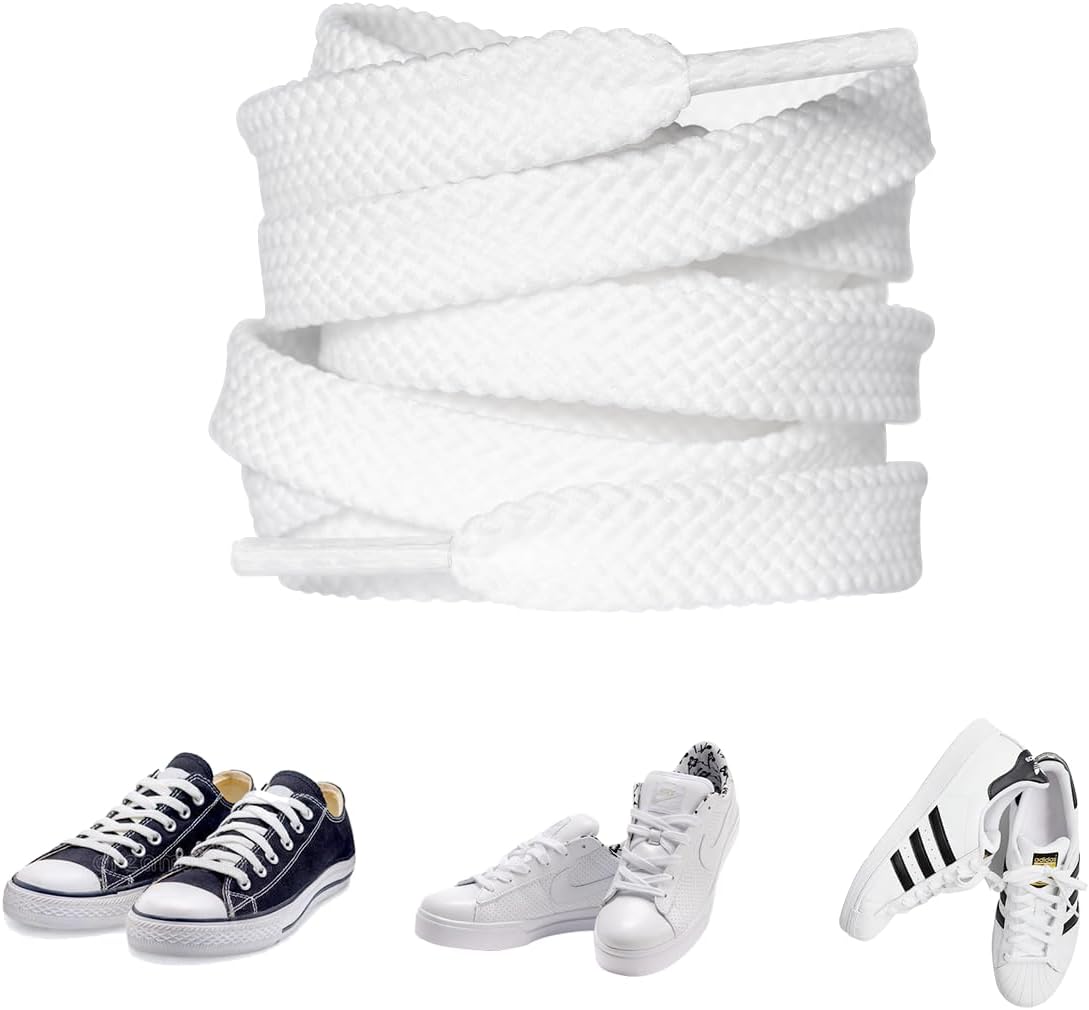 Carehabi 2 Pairs White Shoelaces Flat 8 mm Wide Tear-Resistant Polyester Shoe Laces Lengths 140/120 cm for Trainers Sports Shoes Hiking Shoes Running Shoes Trainers, White, 120