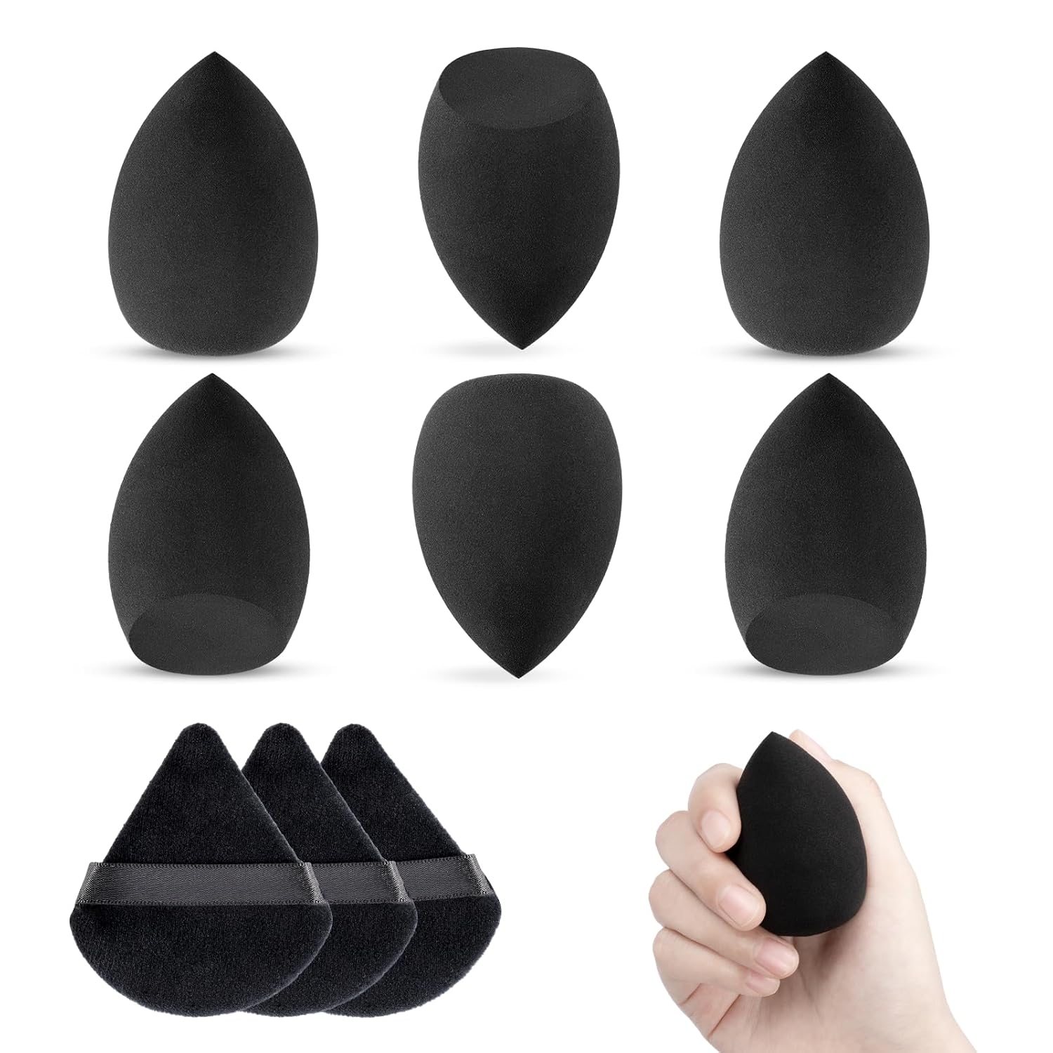 Lot de 6 éponges de maquillage - Avec triangle en poudre - Noir - Pour fond de teint liquide - Réutilisables