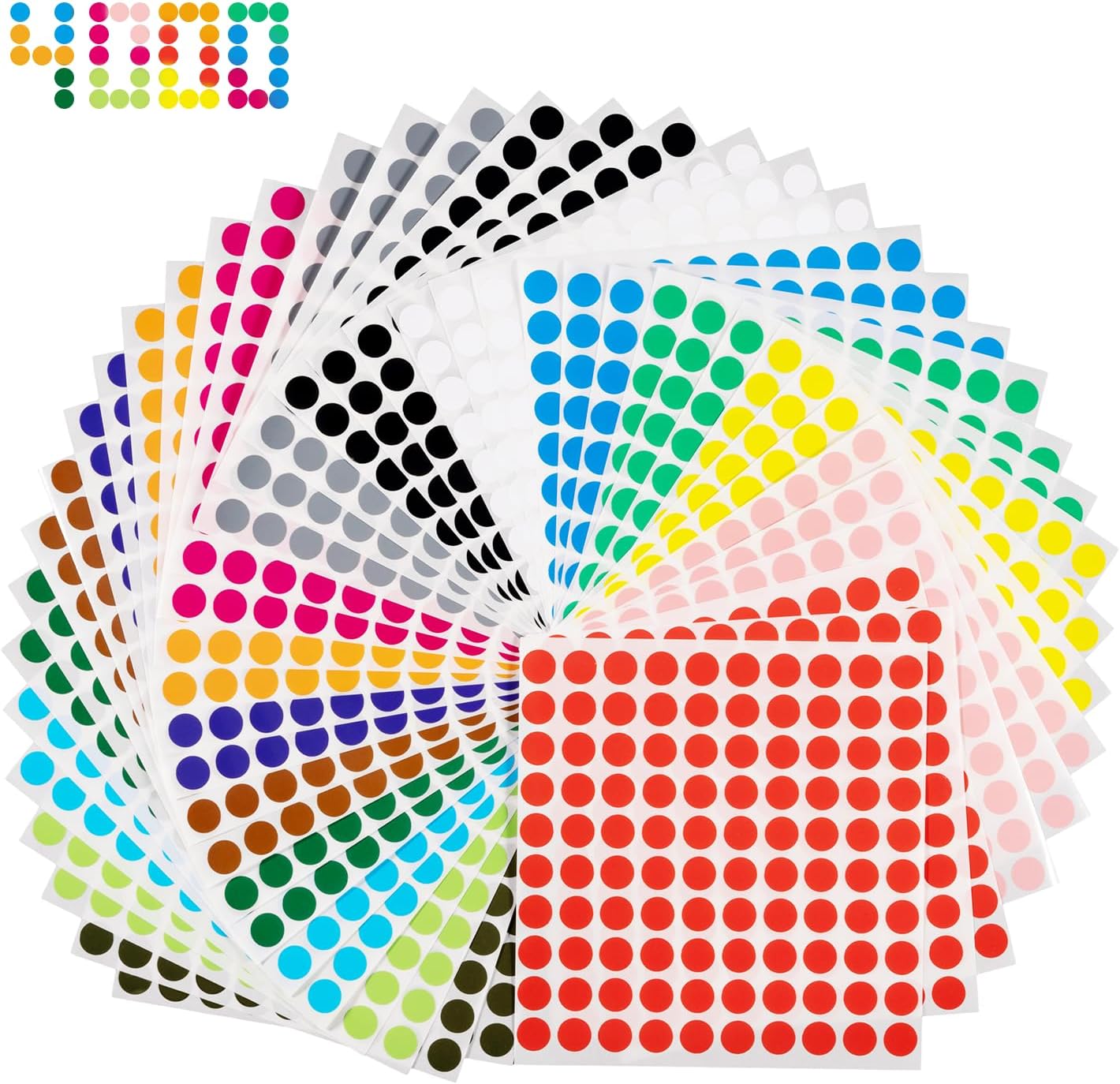 Kiperline Lot de 4000 pastilles adhésives multicolores - 10 mm - Rondes - Petits points ronds - Pour bureau, école, calendrier, cartes - 16 couleurs