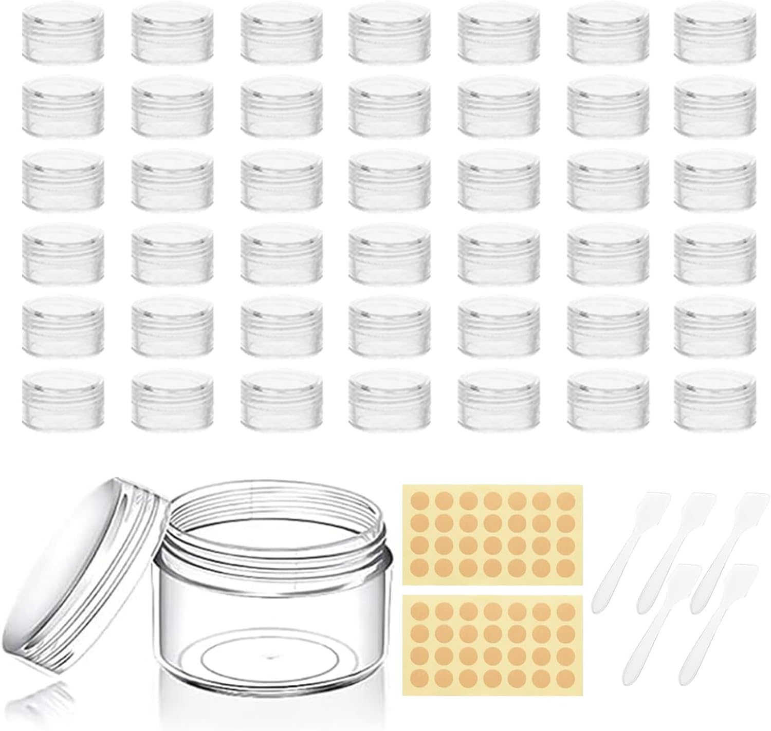 Carehabi Lot de 42 petits pots de 5 ml avec couvercle, avec étiquettes et spatule, mini récipients transparents pour échantillons, cosmétiques, crème à lèvres, nail art