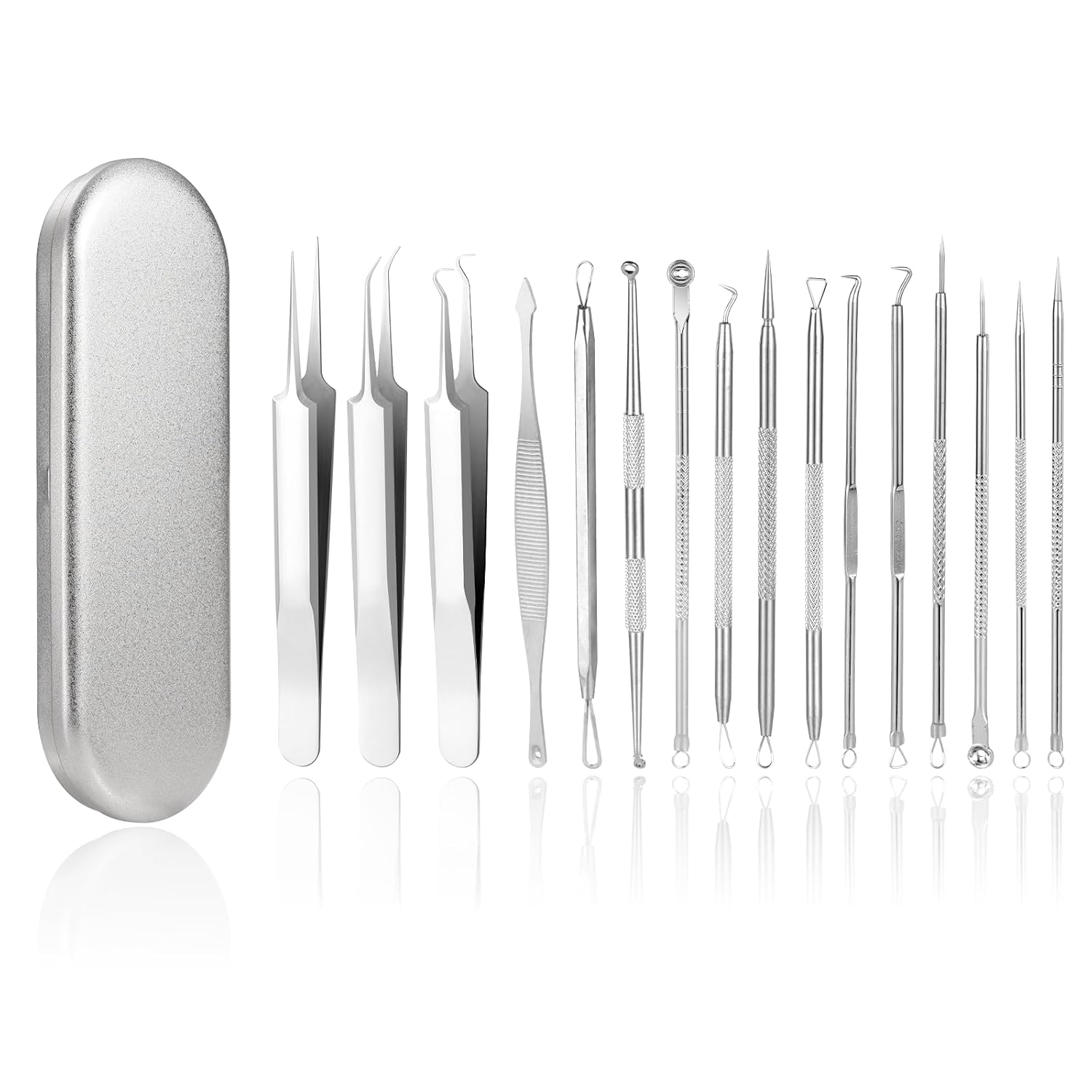 16 Stück Mitesserentferner Komedonenquetscher Set, Pinzetten Set mit Metall-Box für Gesichtsfehler, Geeignet für Frauen und Männer, für Alle Hauttypen