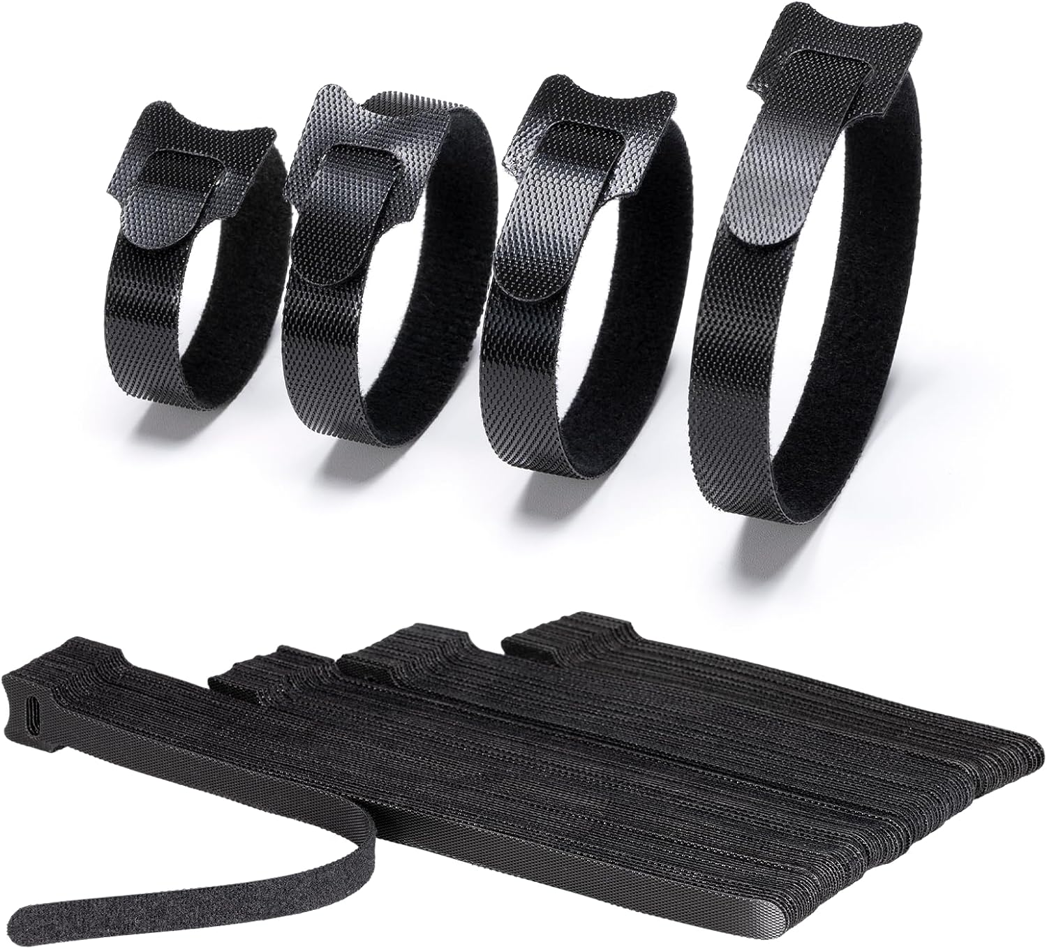 Lot de 100 Serre-Câbles Velcro Noirs - 4 Tailles (150/180/200/250 mm) - Refermables - Pour la Maison, le Bureau et le Jardin