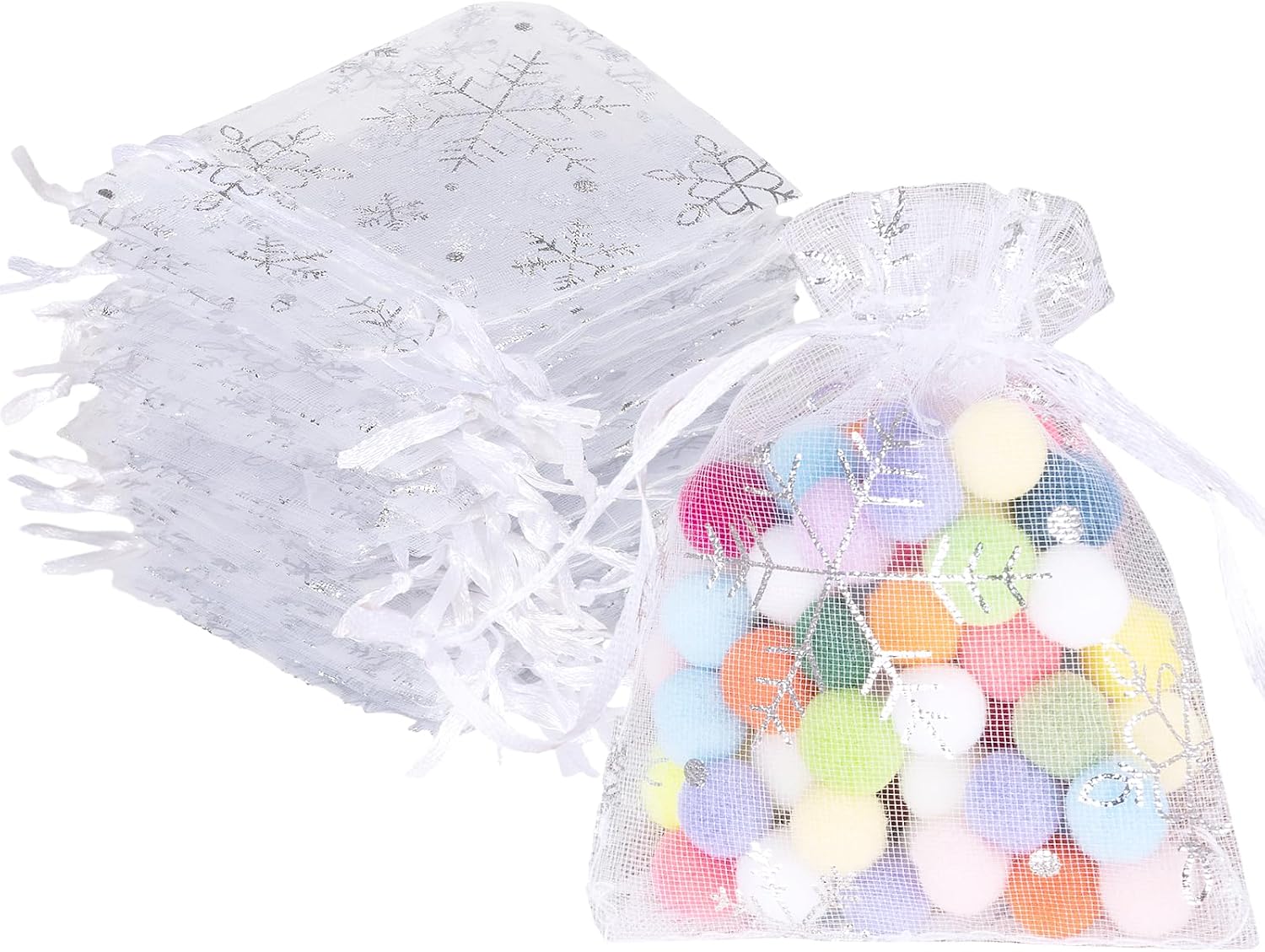 Sacchetti regalo, 100 pezzi, in organza, colore bianco, 10 x 15 cm, per Natale, piccoli sacchetti regalo con fiocco di neve e coulisse
