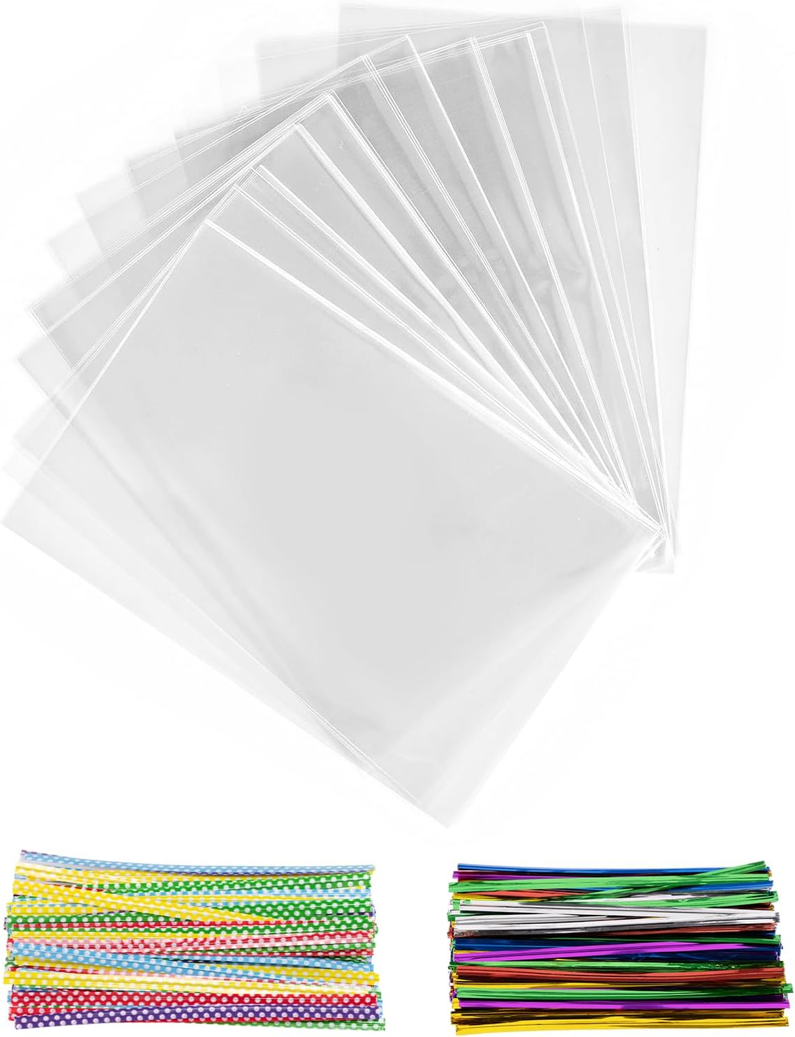 kiperline Lot de 200 sacs en cellophane - 25 x 15 cm - Sachets transparents à remplir - Avec 200 rubans métalliques - Pour bonbons, biscuits, pain, fruits, etc. Parfait pour les fêtes cadeaux