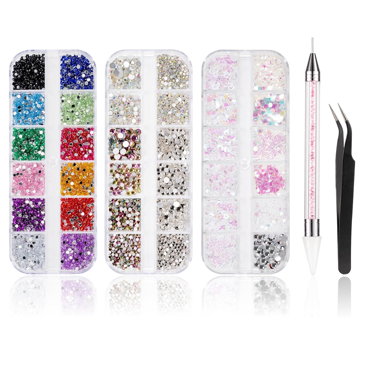 Kiperline Lot de 5 600 pierres strass pour ongles - 36 couleurs - Pierres à paillettes - Décoration pour ongles - Avec stylo à cire pour strass et strass