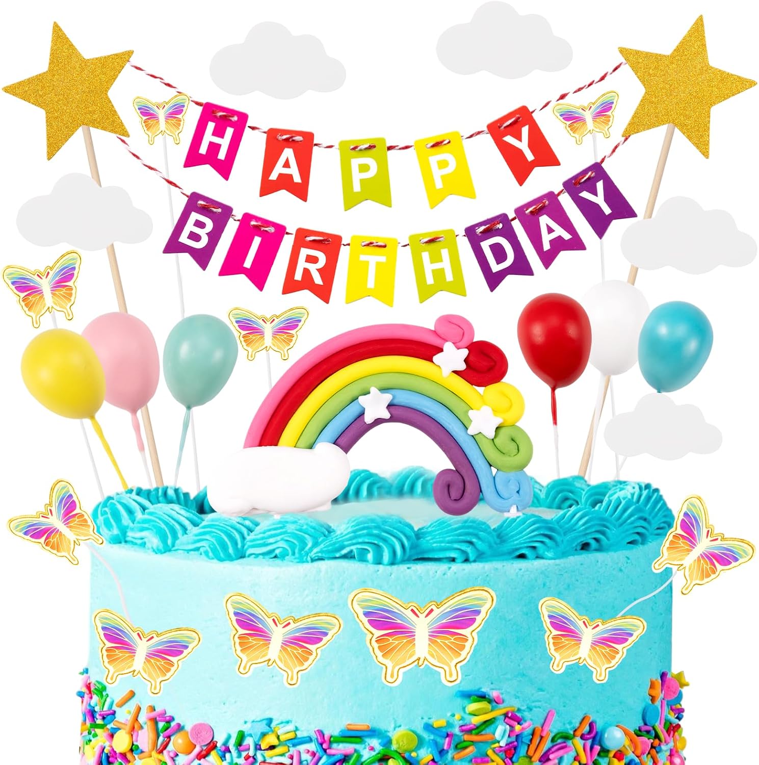 Tårtdekoration Födelsedag - Happy Birthday Topper Med Makaron, Moln, Stjärna, Fjäril, Ballong för Barn, Flickor, Pojke