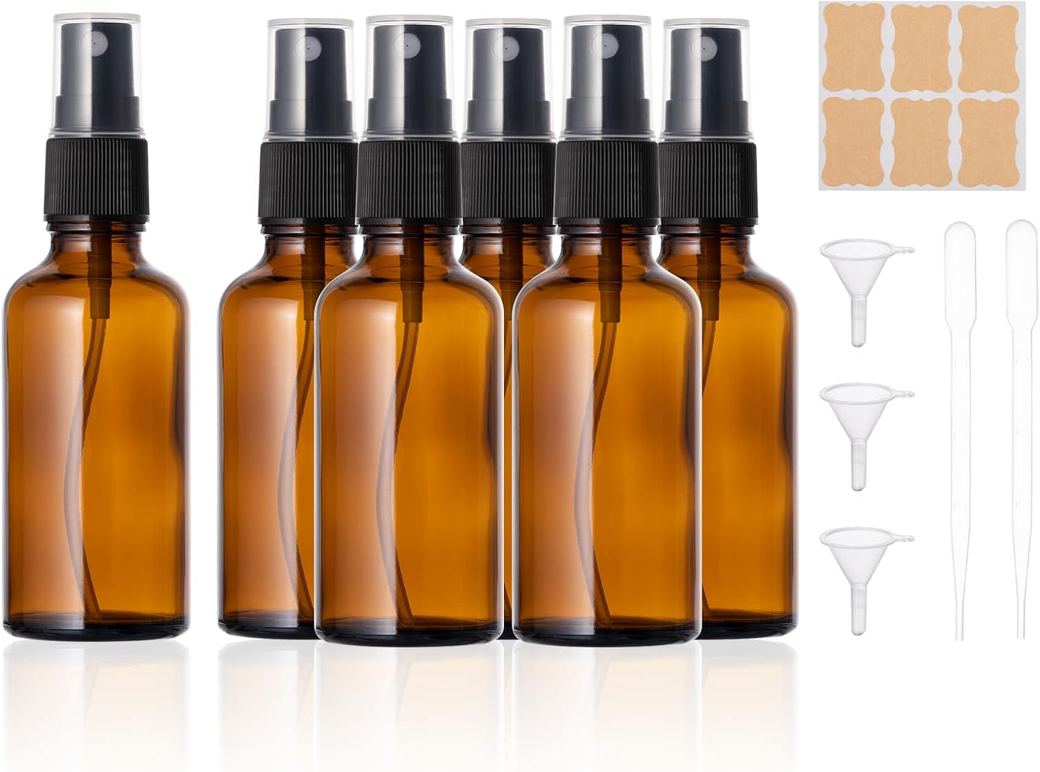 Kiperline Lot de 6 flacons pulvérisateurs vides en verre ambré de 50 ml - À remplir avec entonnoir, pipettes et étiquettes - Pour huiles essentielles, parfum