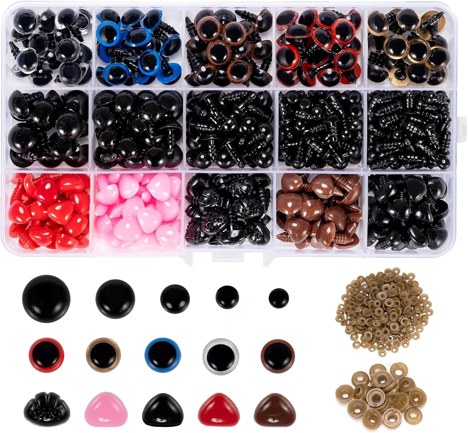 Carehabi 752 Stück Sicherheitsaugen und Sicherheitsnasen, Augen für Häkeltiere mit Unterlegscheiben, Kunststoff Puppenaugen Sicherheitsnasen für Plüsch Puppe Marionette Teddybär (6-14mm)