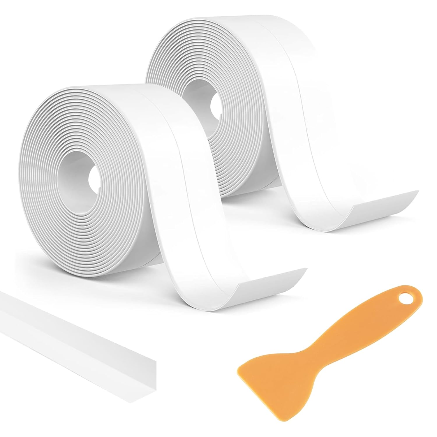Weichsockelleiste Selbstklebend, 19x19mm Dichtungsstreifen Selbstklebend Weiß 6,4m PVC Dichtungsbänder mit Spatel für Küche Waschbecken Arbeitsplatte Badezimmer Toilette (2 Roll,3,2m/Roll)