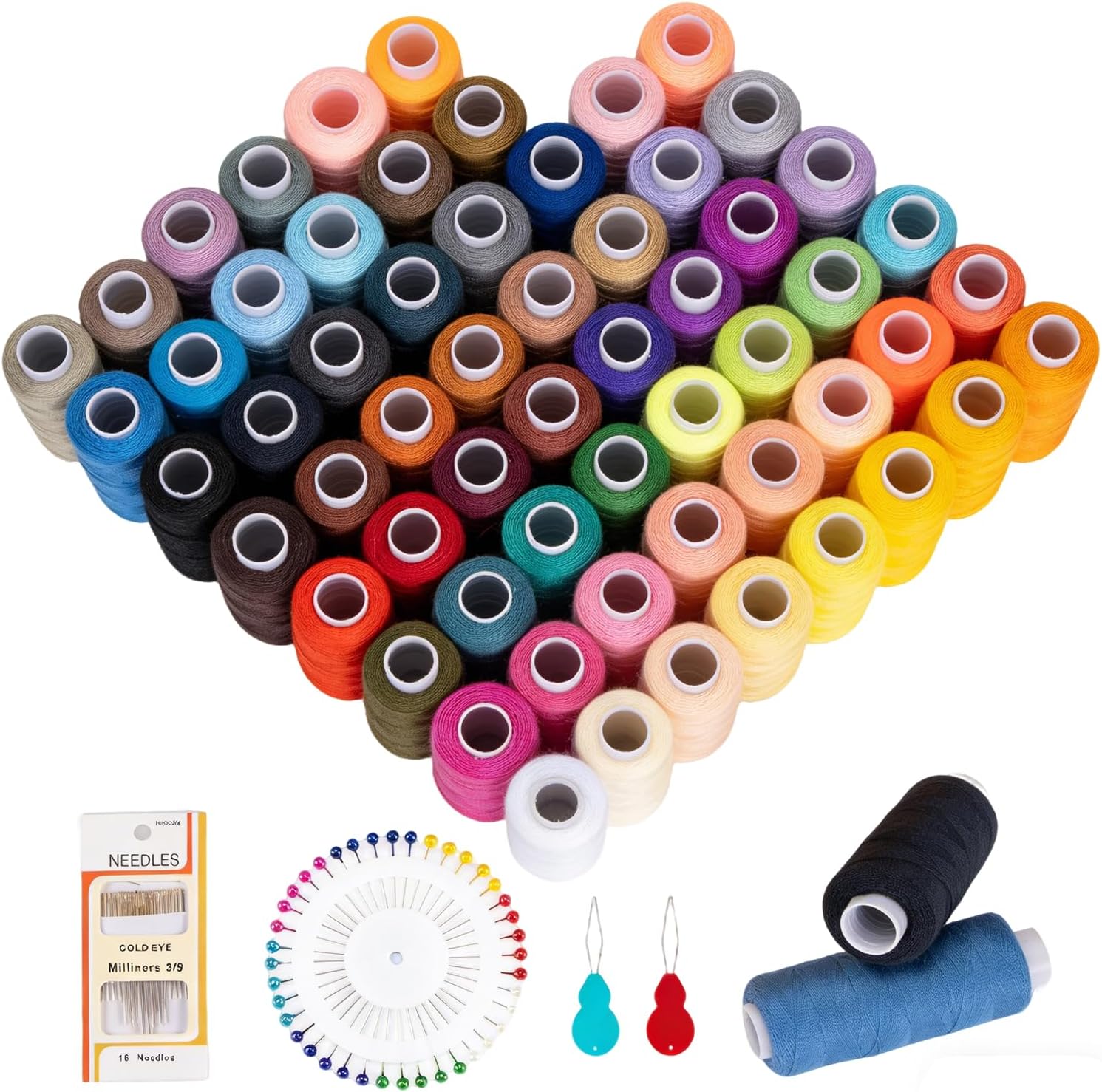Fil à coudre 60 couleurs pour machine à coudre, fil de 250 yard/rouleaux, 100% polyester, fil à coudre avec aiguilles, enfile-aiguille et épingles