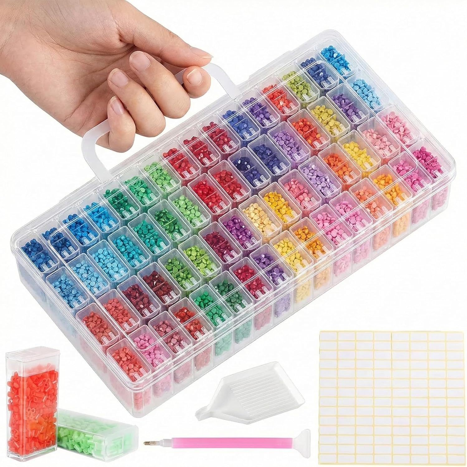 Kiperline Lot de 64 boîtes de rangement pour peinture diamant 5D avec 112 étiquettes pour diamants, perles et autres accessoires de bricolage.