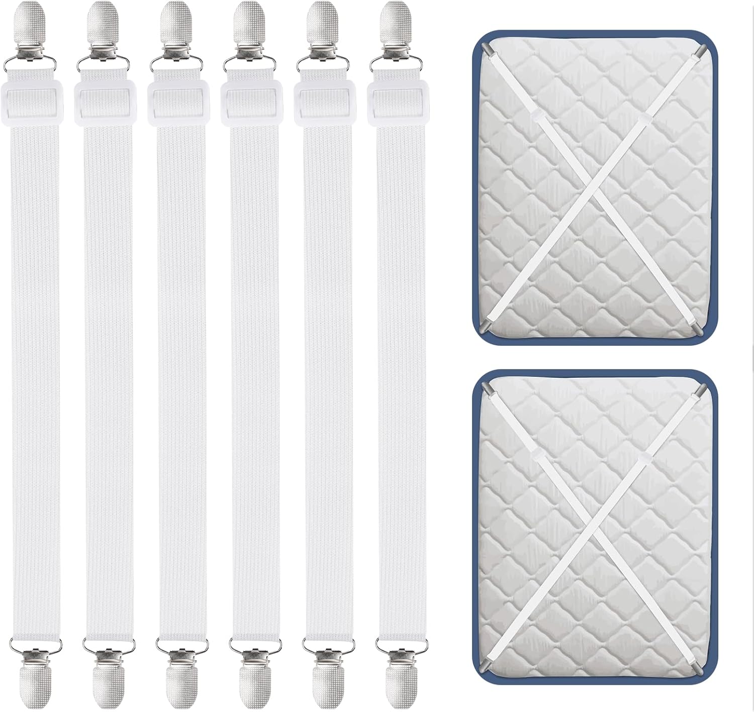 Carehabi Lot de 6 tendeurs de draps élastiques blancs réglables de 55 à 250 cm pour linge de lit, draps, matelas, planche à repasser ou canapé
