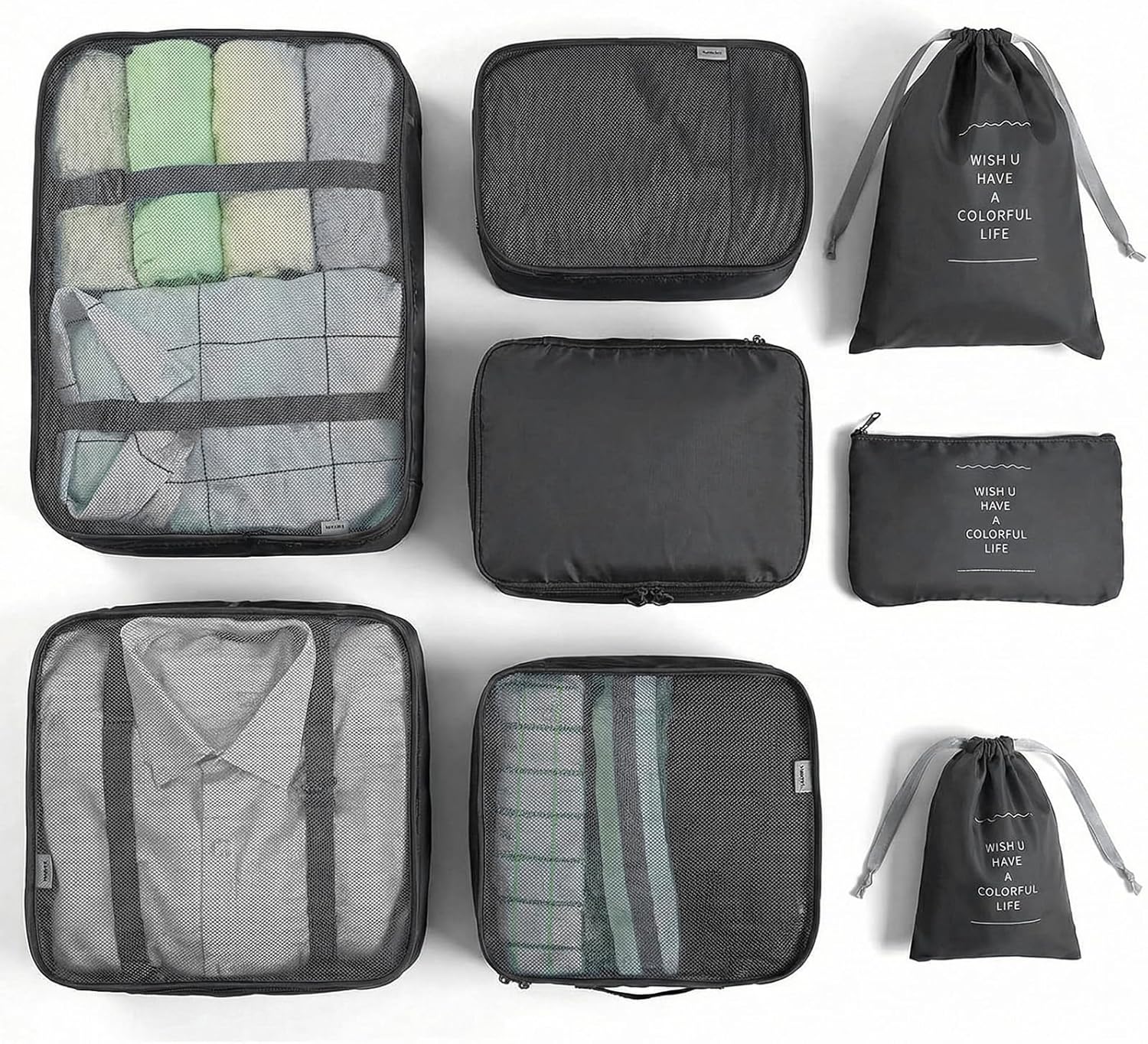 BillyBath Lot de 8 sacs de rangement pour valise, sacs à vêtements, sacs à chaussures, organiseur de voyage, cubes de rangement pour cosmétiques, sacs de rangement pour valises (8 pièces, noir)