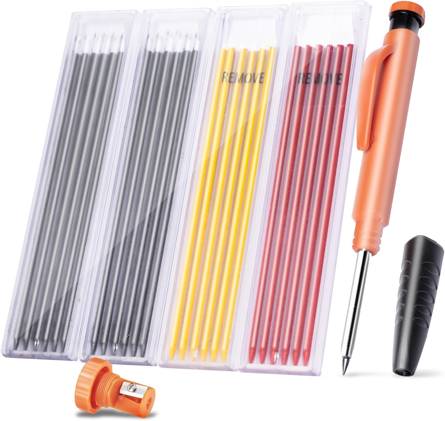BillyBath Juego de Rotuladores de Agujeros Profundos, con 25 Minas, Sacapuntas, Mango de Escritura, Lápiz de Carpintero Resistente, Marcador para Agujeros Perforados, Portaminas, Madera, Metal